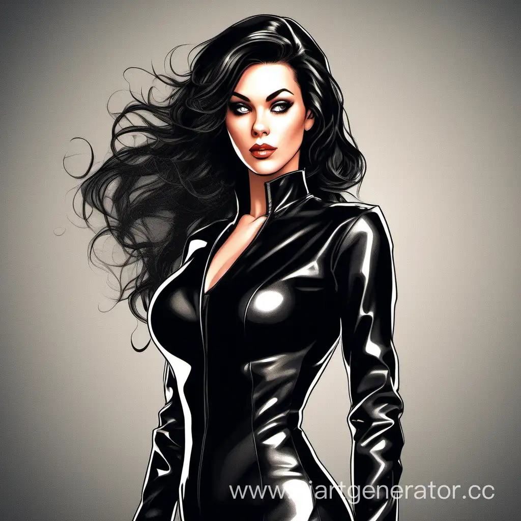 A spy girl with loose hair in a black latex suit. He stands sideways and looks over his shoulder