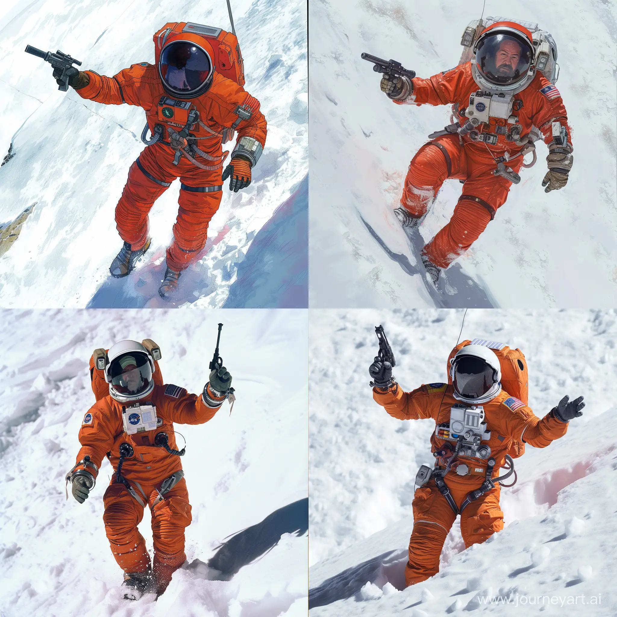 An astronaut in an orange spacesuit is barely standing on a snow-covered slope. He has a blaster in his right hand, which he points forward. He covers his stomach with his left hand.