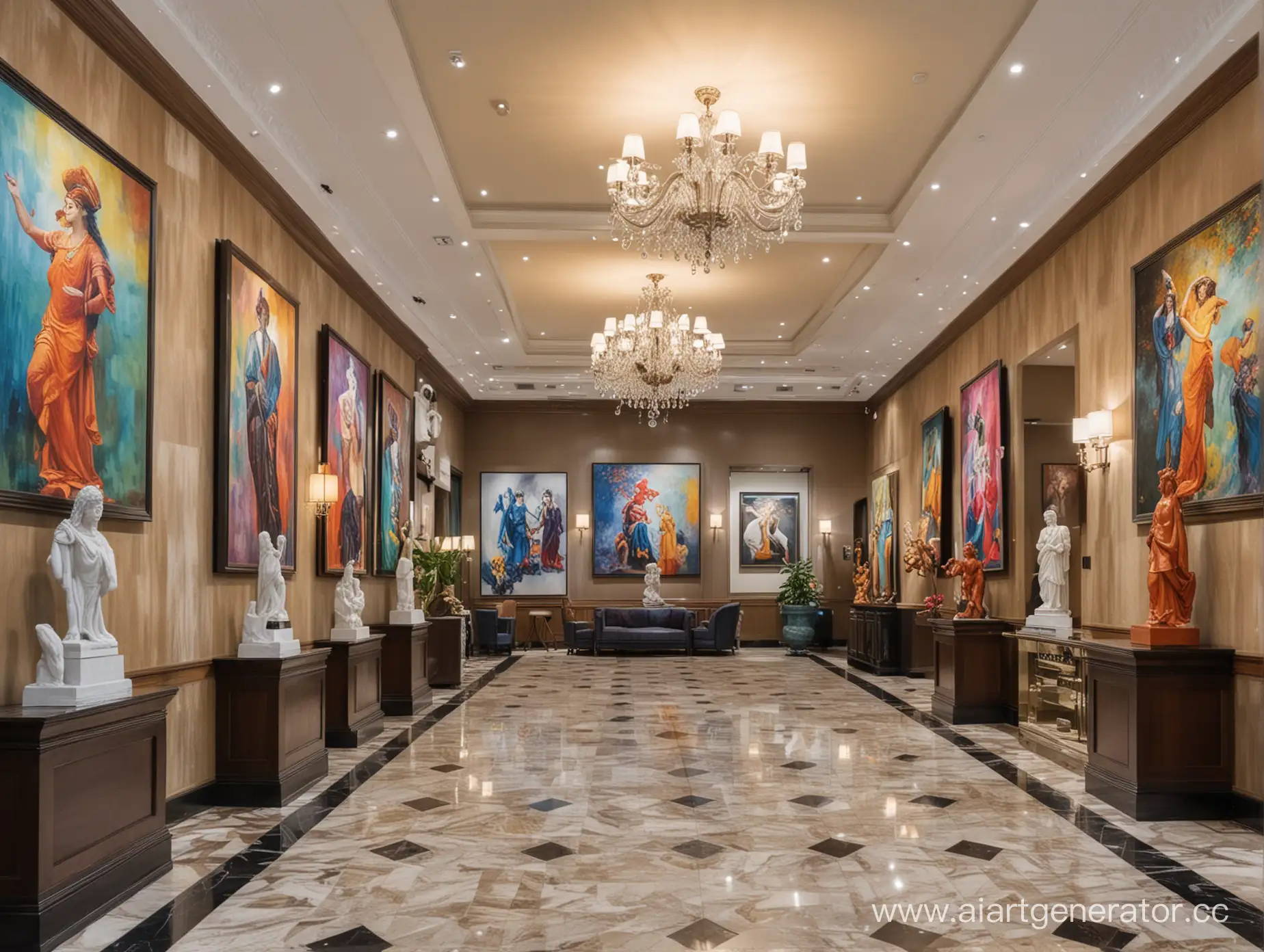 art themed hotel lobby with many paintings and statues