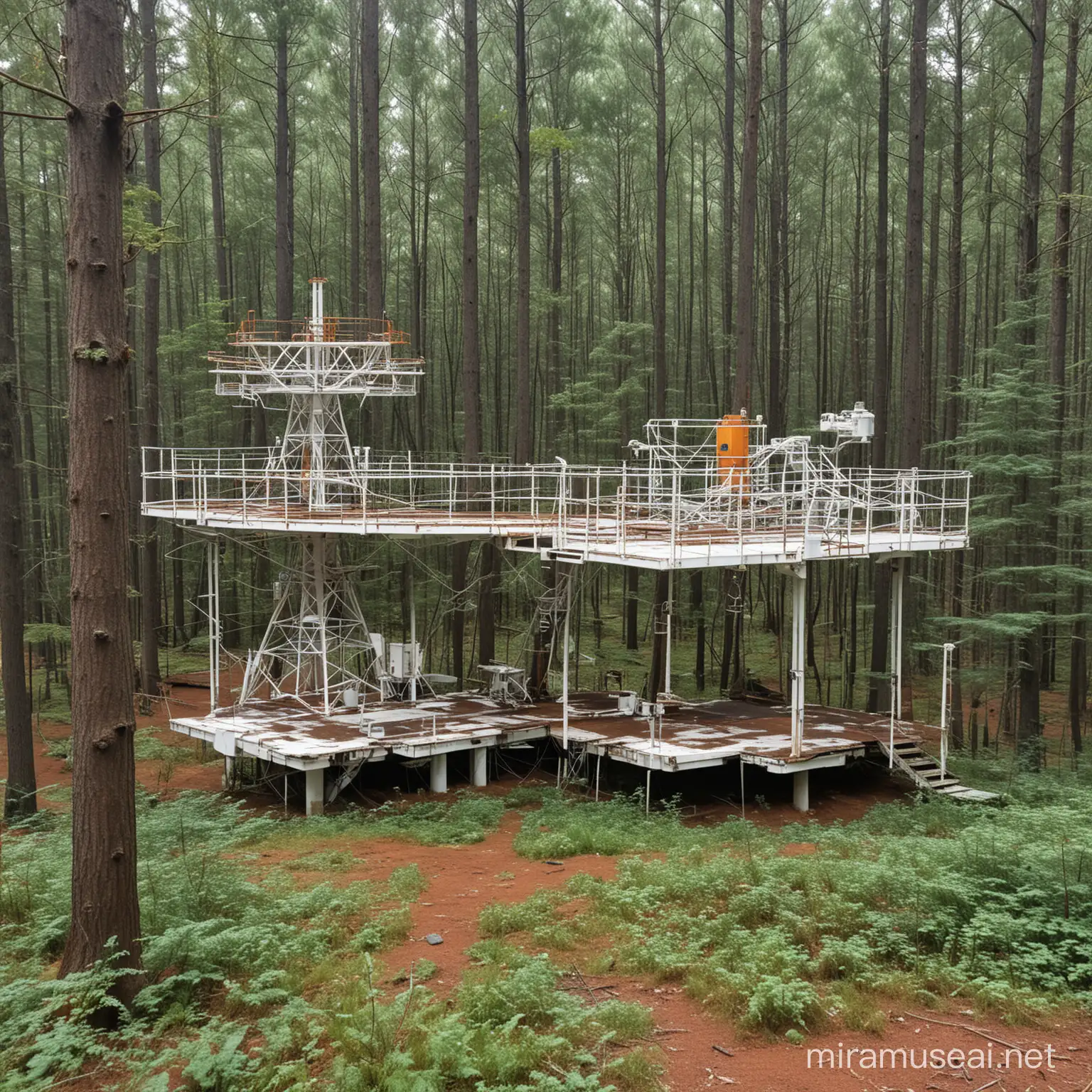 an area in the forest, there is a white platform elevated a little bit above the forest floor, on the white platform are multiple rusty antennaes, some old equipment for space observation. 