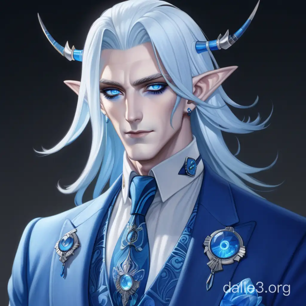 tall male with pale skin, dark blue-shaded slit eyes, pointed ears, and waist length white hair with a single lock that has a blue underside. He also has what appears to be two bright, blue horn-like accessories at shoulder length. He wears a formal blue suit with varying accents of blue ranging from light to dark colours.