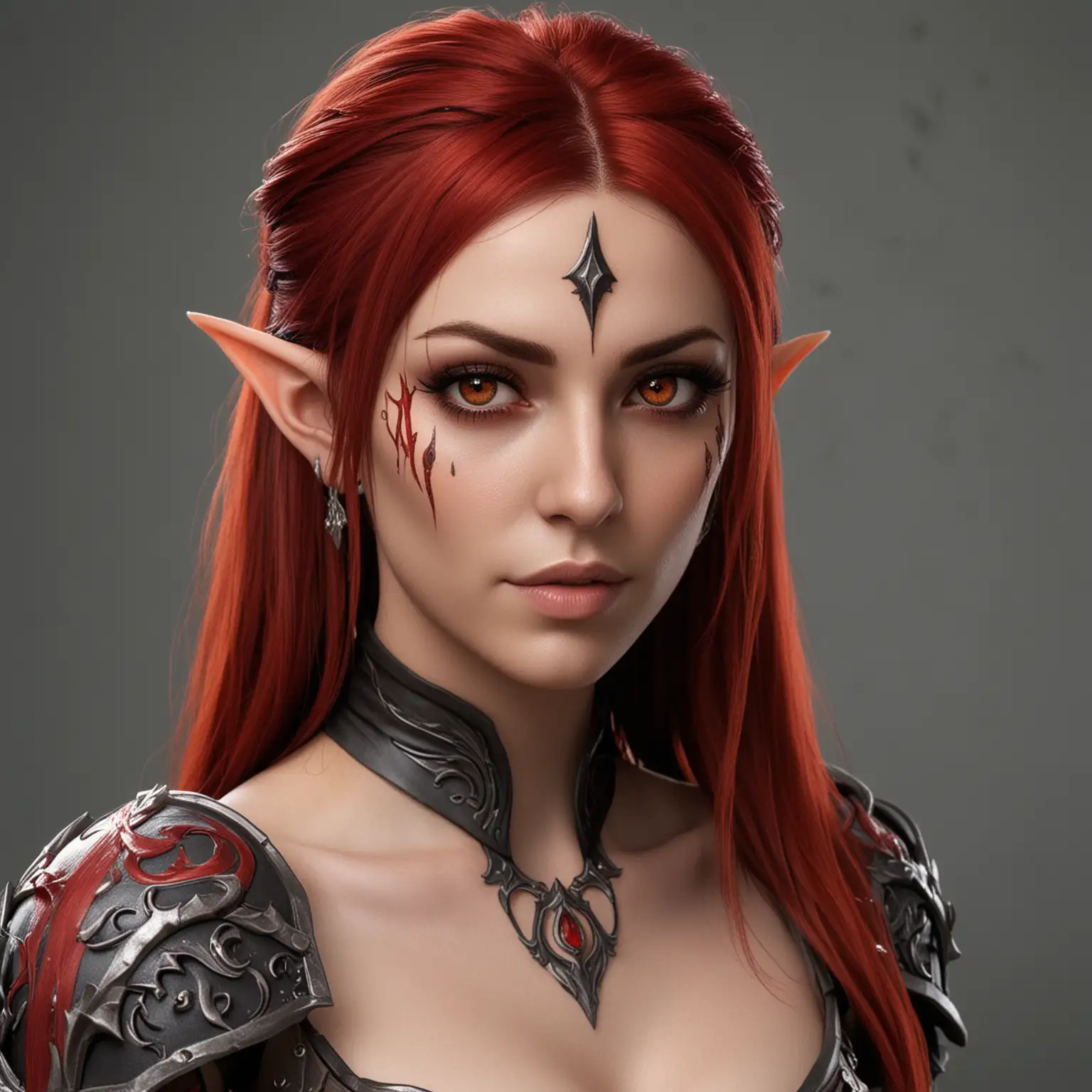 blood elf female, twenty five years old, beautiful, blood red hair, blood red eyes, facial tattoos, pale gray skin