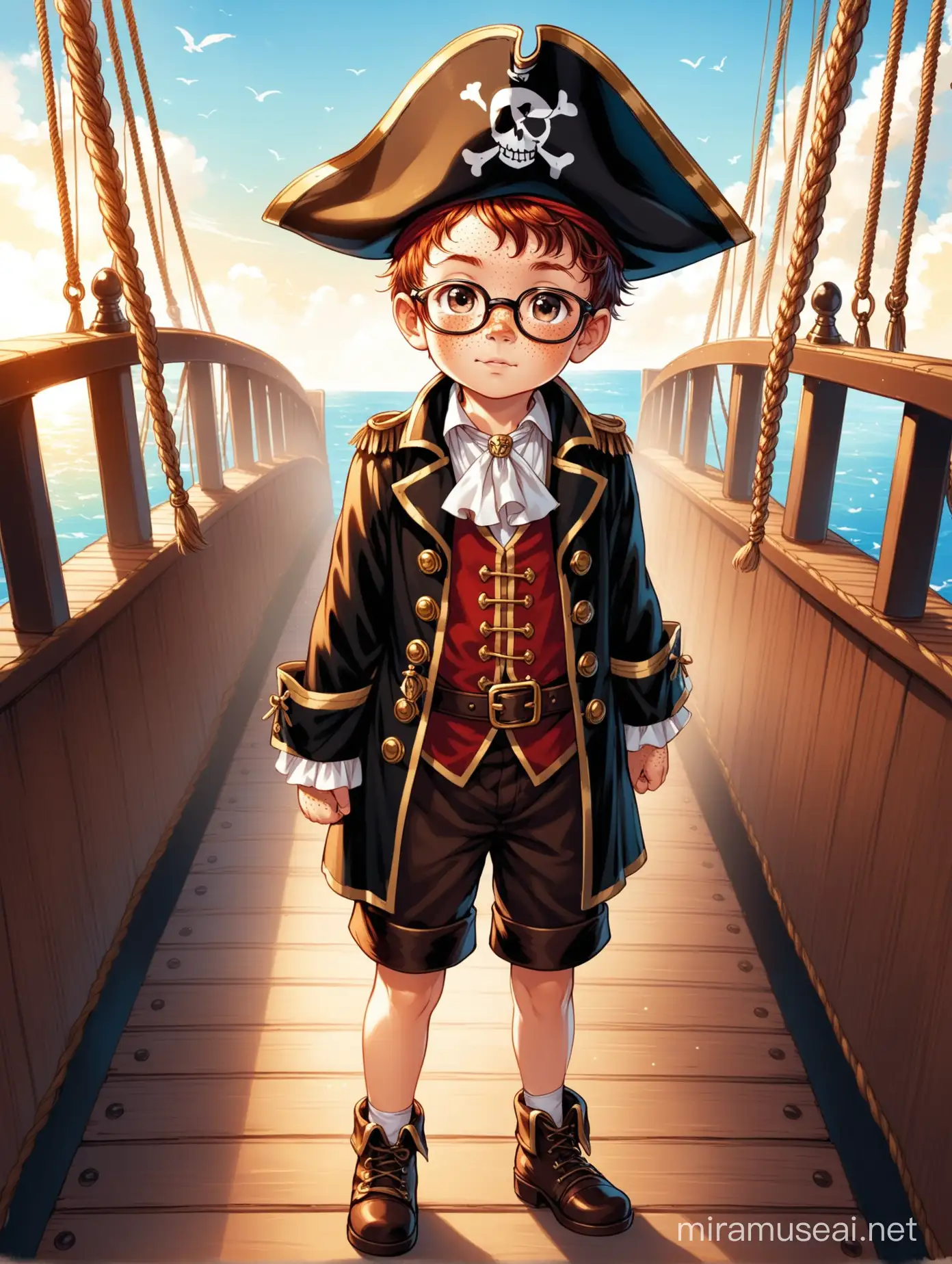 Adventurous Young Boy in Pirate Captain Costume on Ship Deck