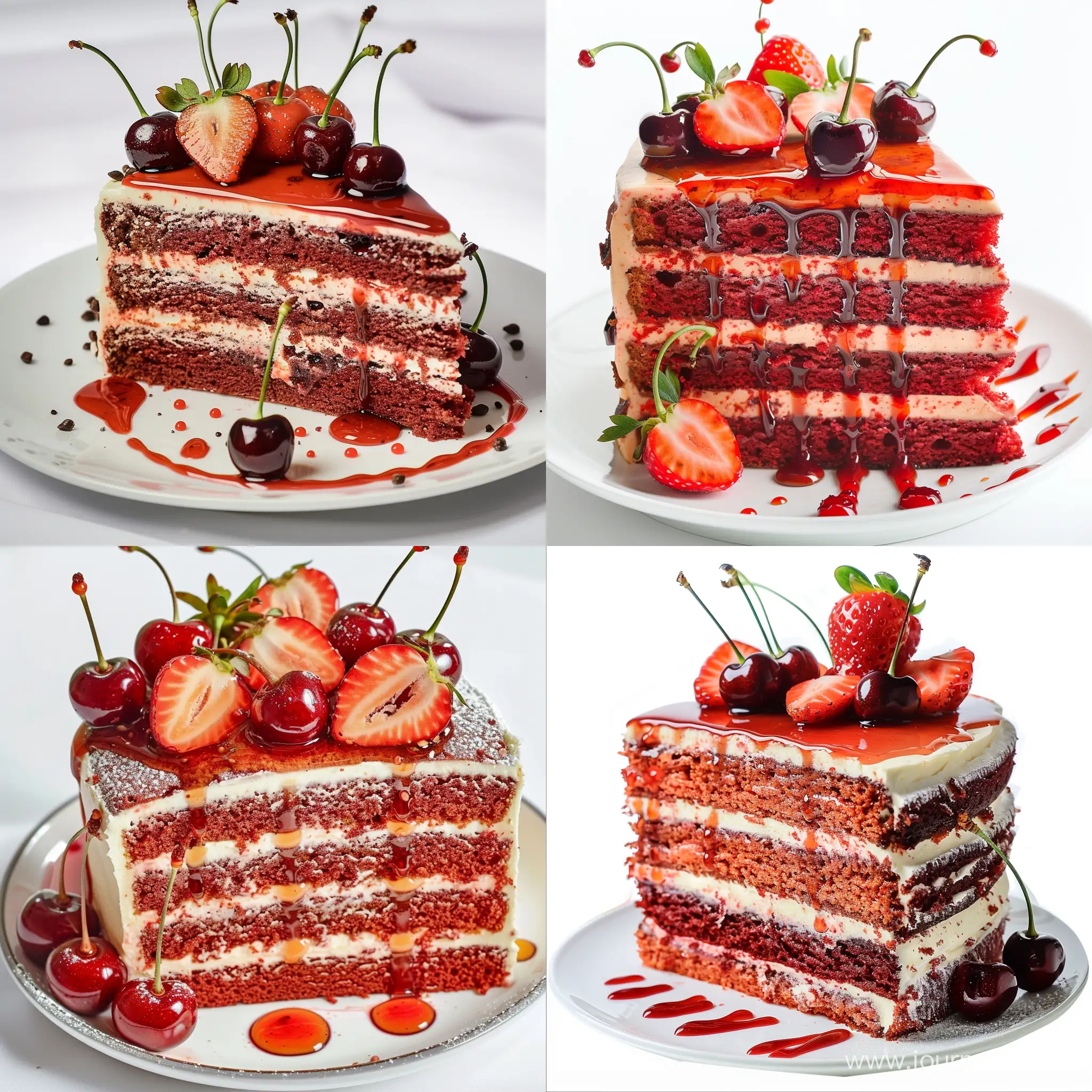 Fatia de bolo red velvet com 4 camadas em um prato branco, com decoração em cima do bolo com morango e uma calda de morango escorrida e cerejas com cabo enfeitando, o fundo da imagem deve ser branco 