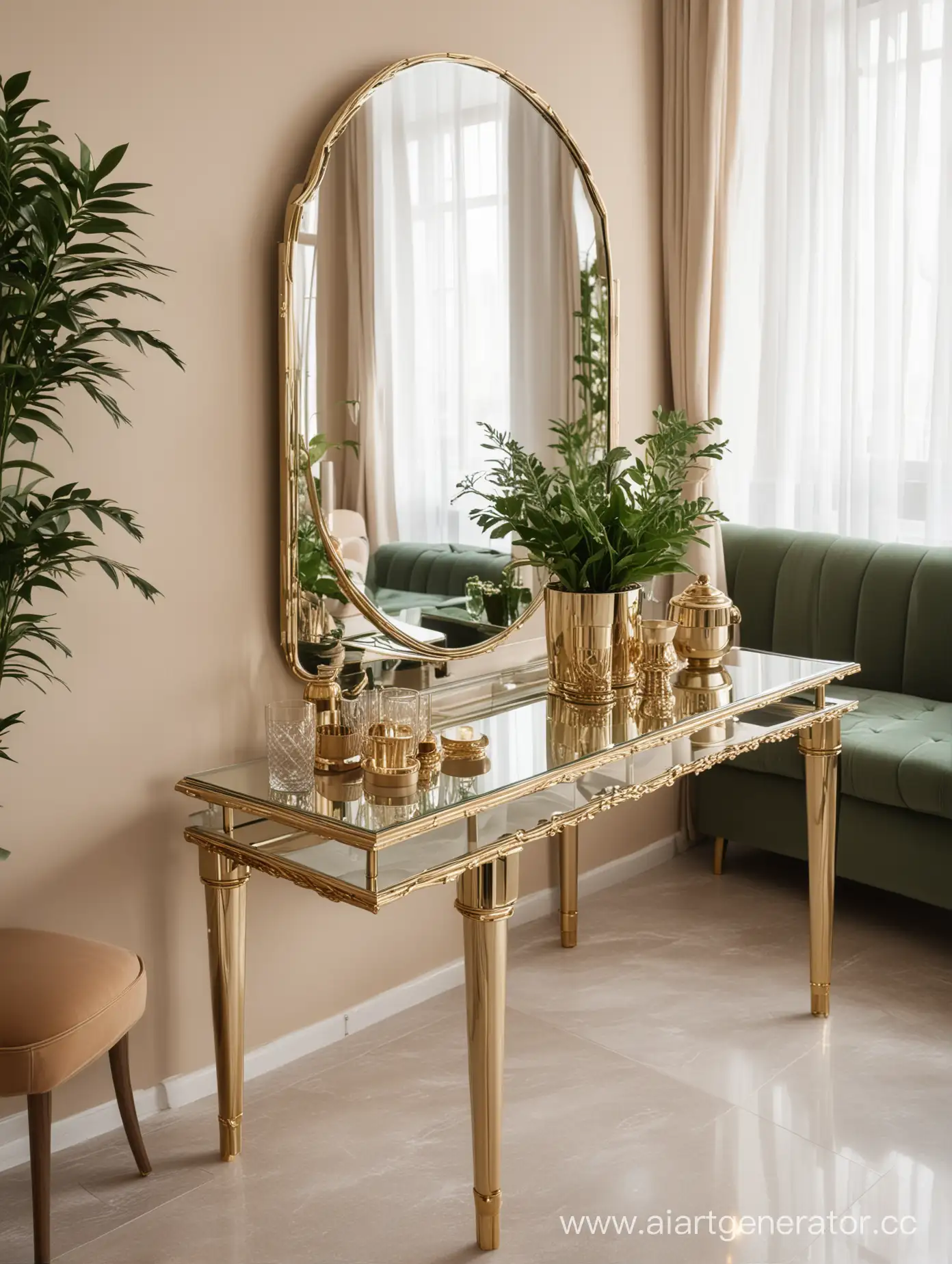 Elegant-Glass-Mirror-Table-with-Gold-Accents-in-a-Sophisticated-Restaurant-Setting