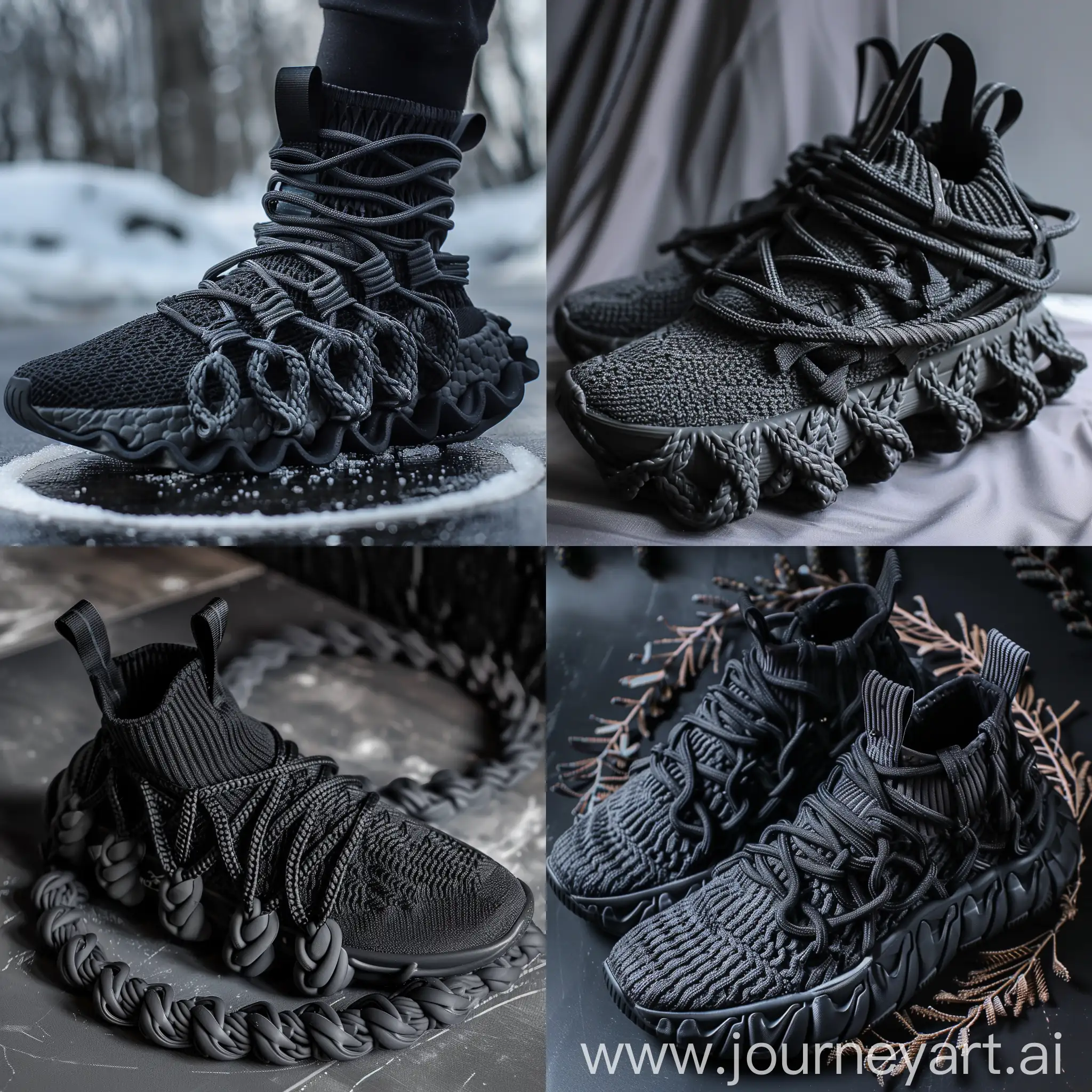 Sneakers design , inspiration by knitted fabrics , some knitted cables on it , knitted cables inspiration rubber midsole , knitted cables on midsole , chunky , trendy , color black , knitted laces , circle of 5 laces around the top of sneakers , street wear fashion , futuristic 