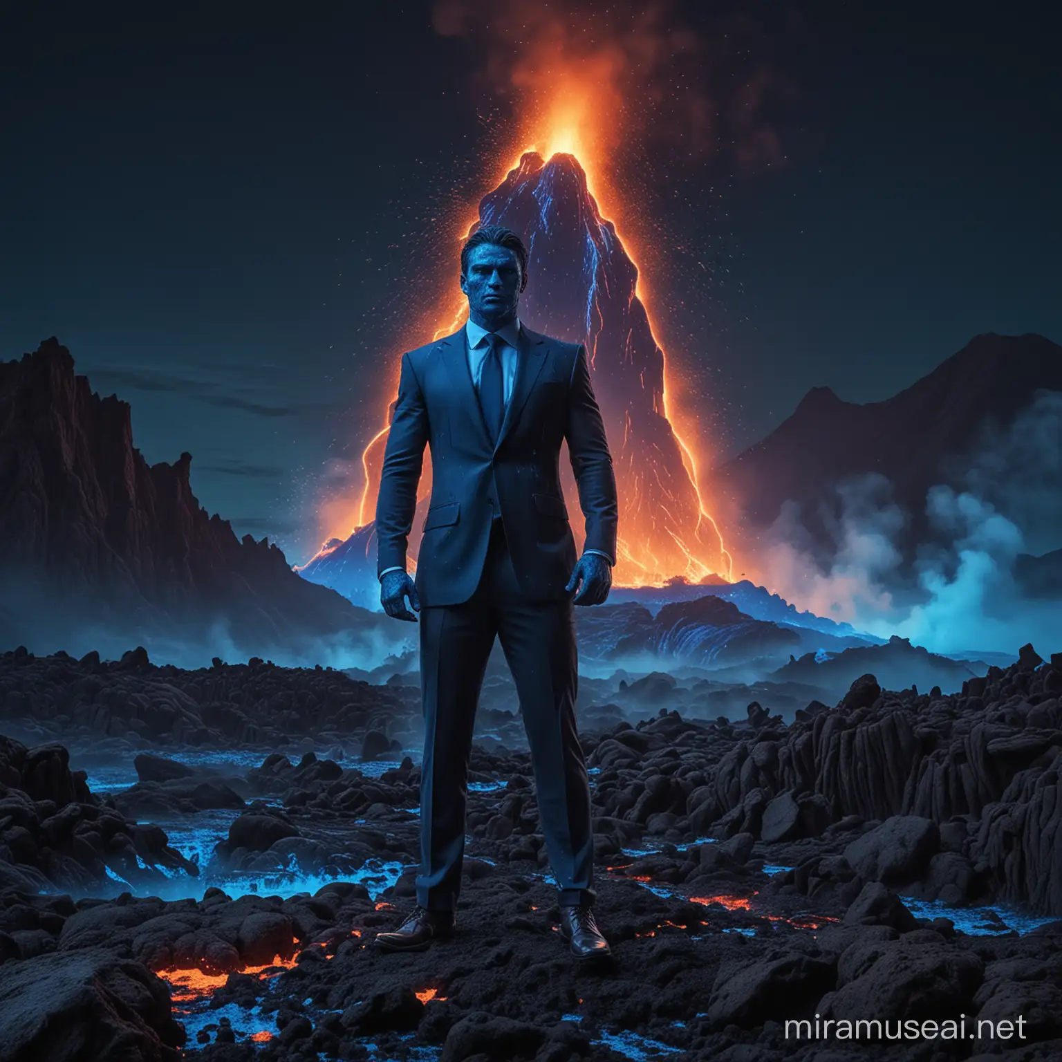 Confident Man in Suit on Blue Lava Erupting Volcano