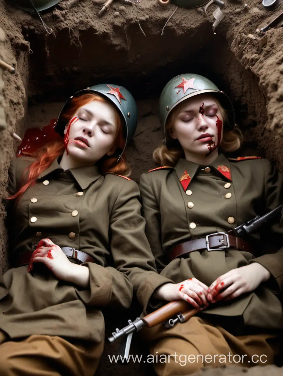 Две оусские девушки, блондинка и рыжая, в форме 2 мировой войны в советском шлеме, лежат в траншее, в крови без сознания с закрытыми глазами