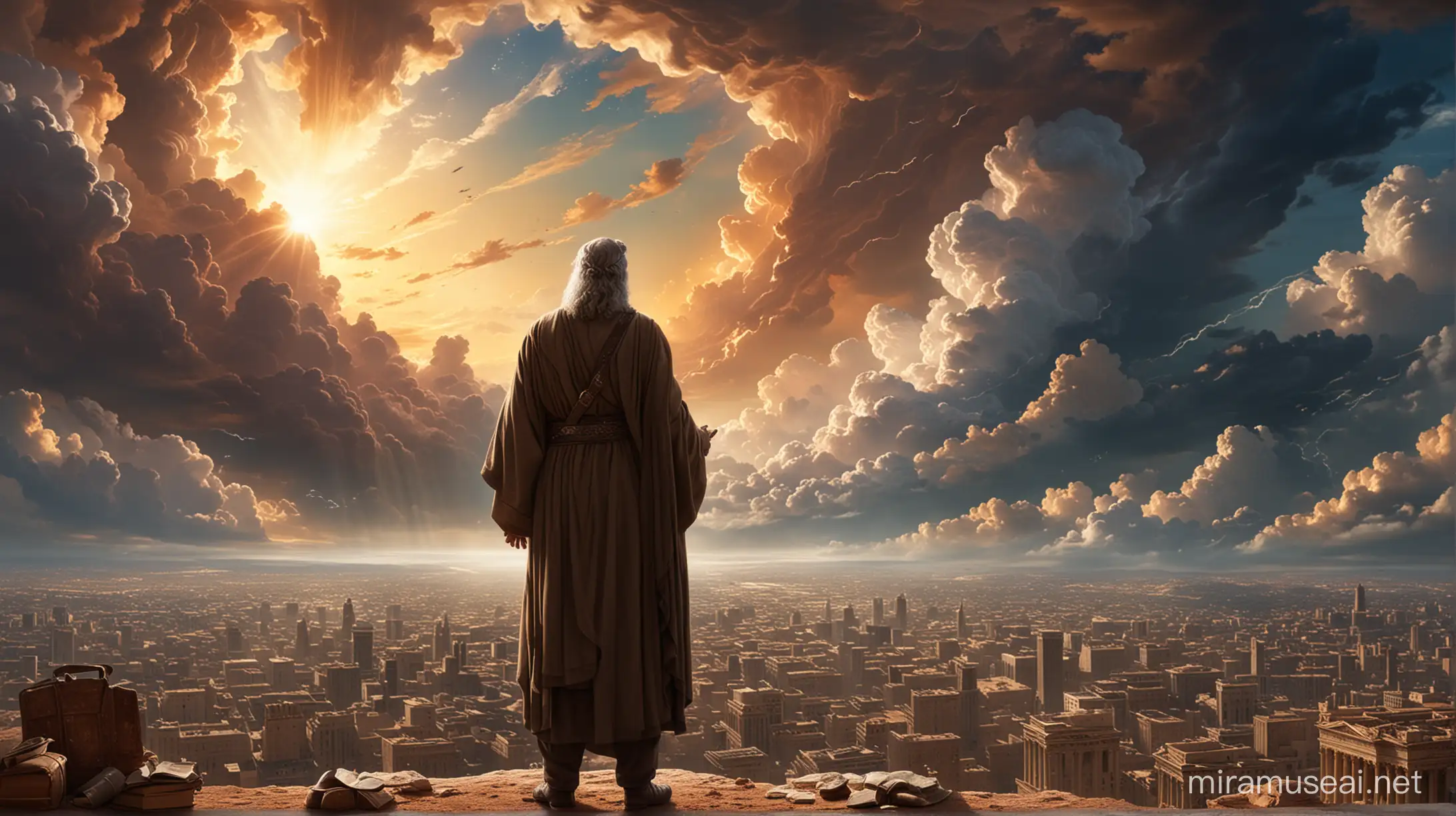 Abraham speaking with God, a city in the distance, and a magnificent sky