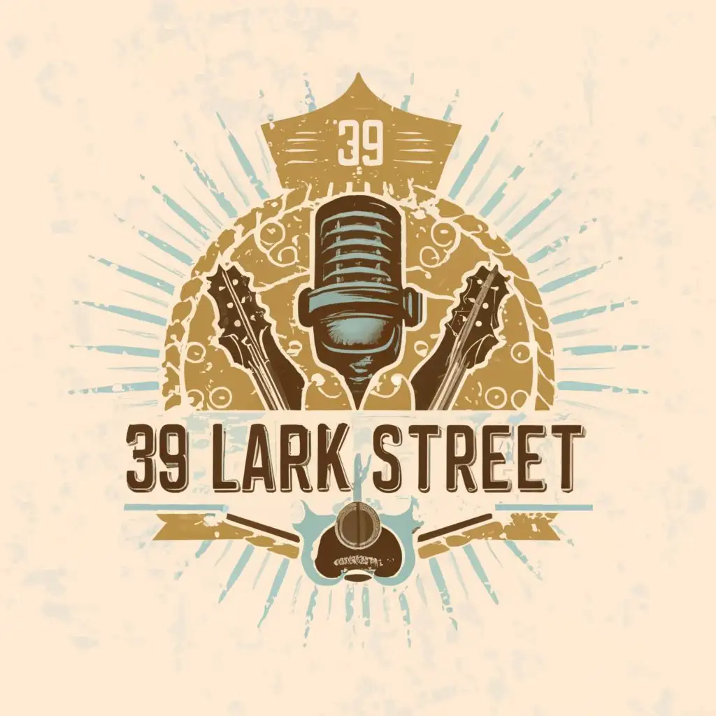 logo, microphone and acoustic guitar, with the text "39 Lark Street", typography