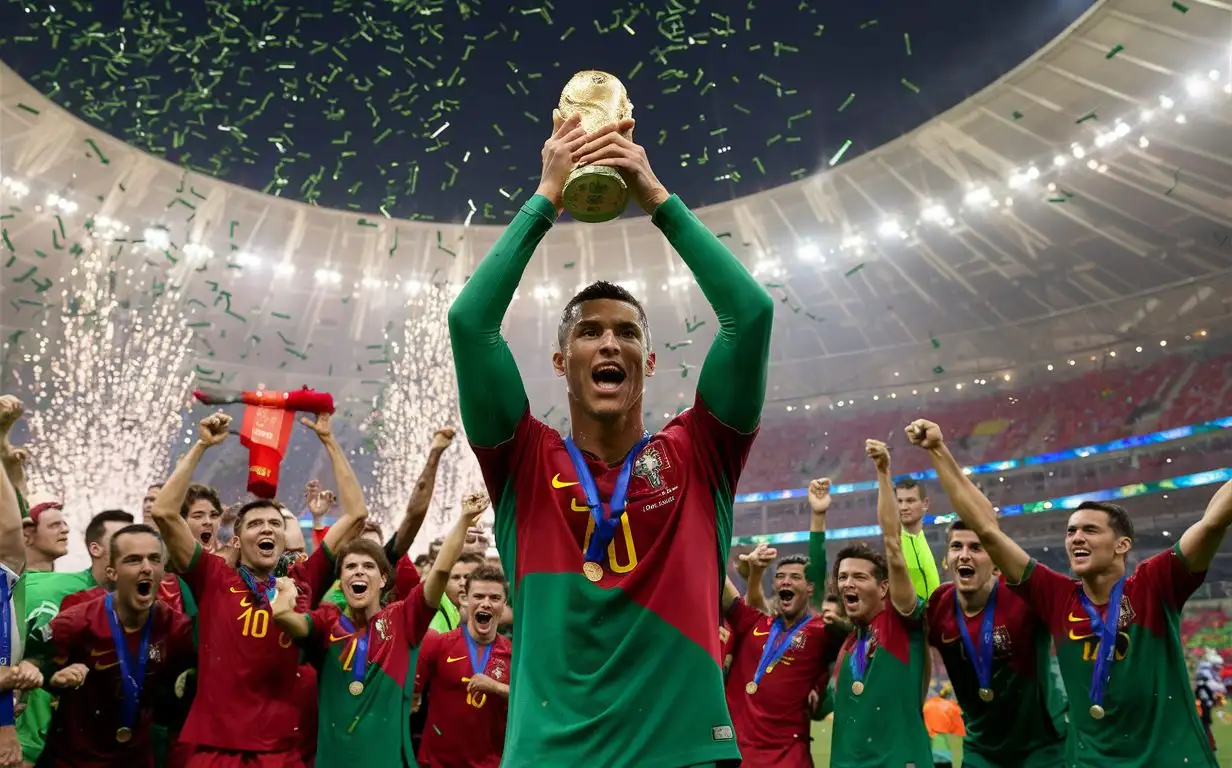 Cristiano Ronaldo oslavující trofej World Cup

