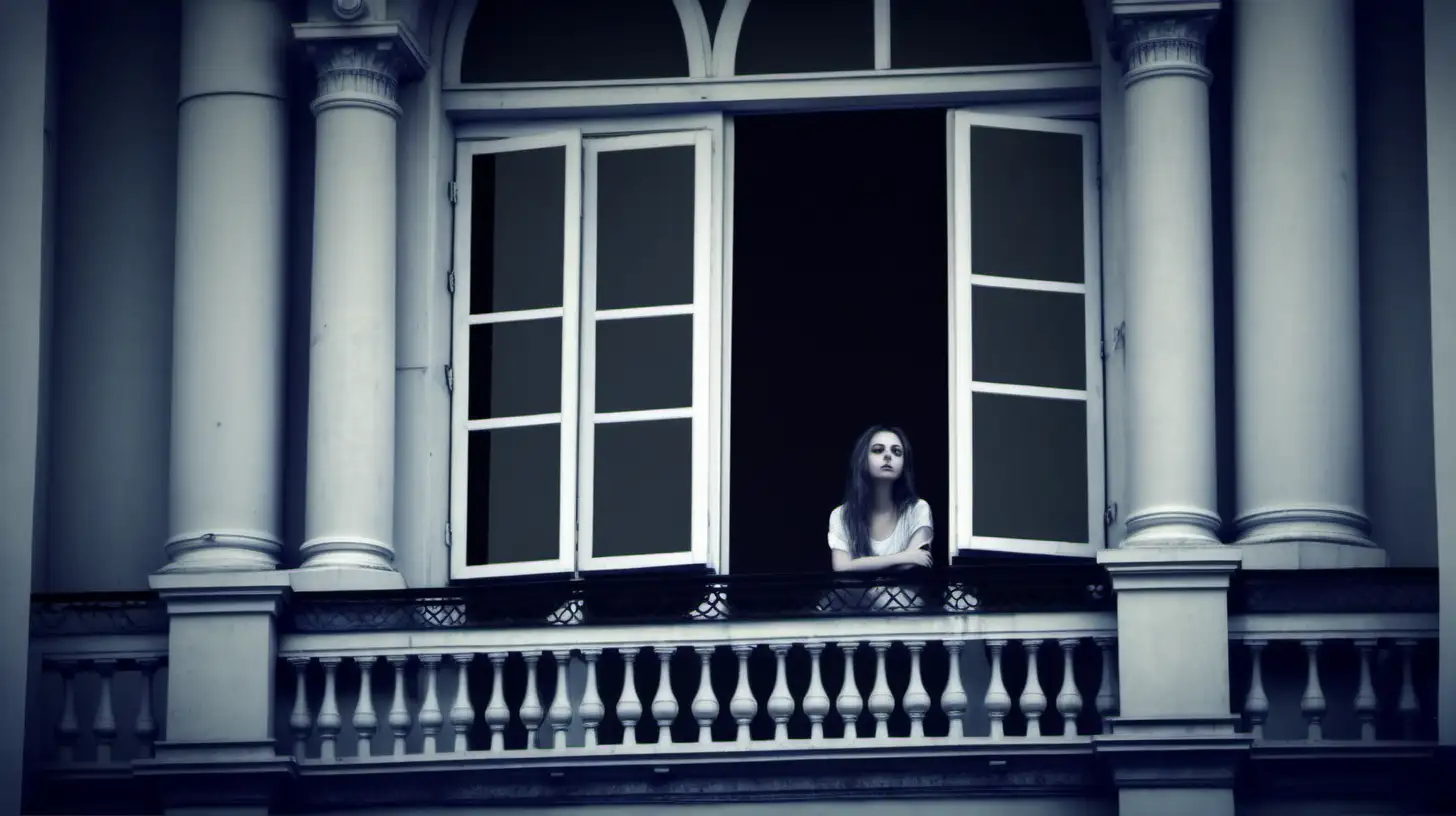 mistery real girl sadness loneliness watching from the windows big palace on the street