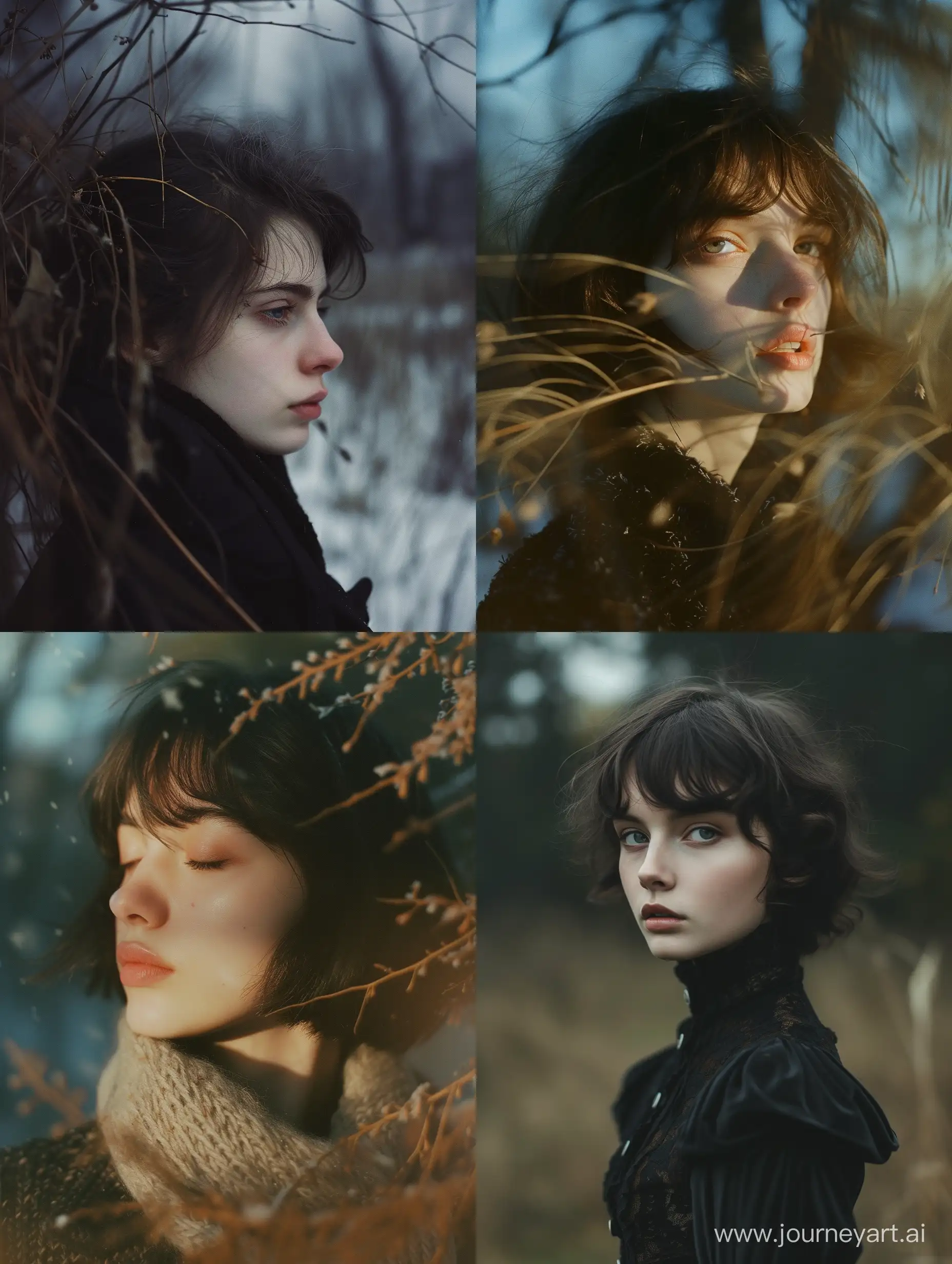 photo portrait of a 18 years old russian girl ,  winter street, black short hair, melancholic eyes::1 cinematic lighting::1shot on Kodak Portra 400 by Katia Chausheva::2