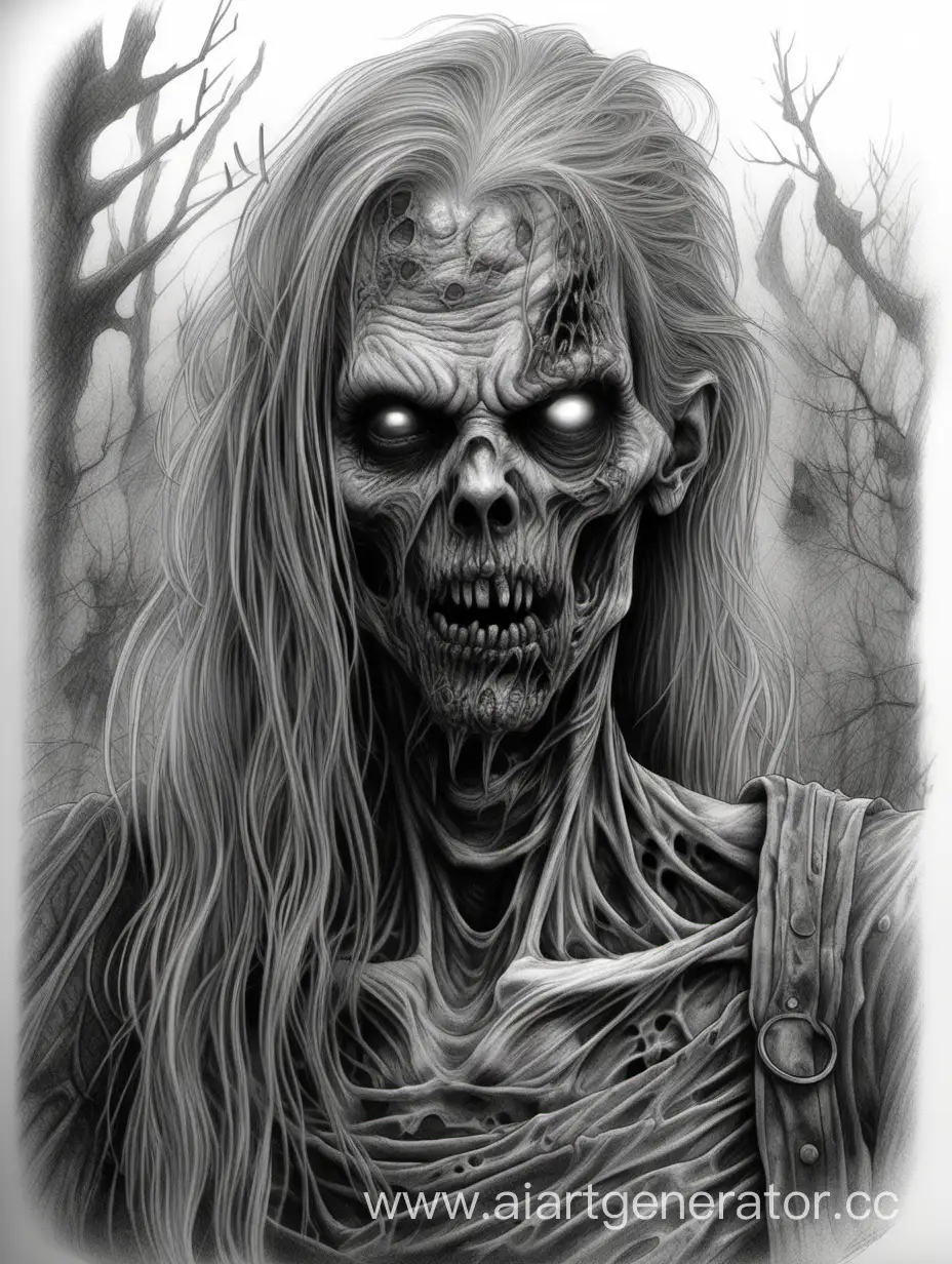 highly detailed zombie, dark fantasy style, pencil drawing,