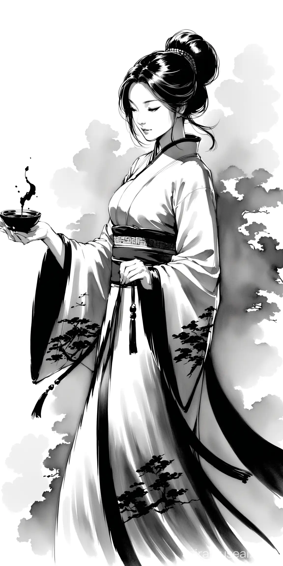 caucasian woman  in traditional chinese clothes, hand drawing, ink painting, black and white, more shadows