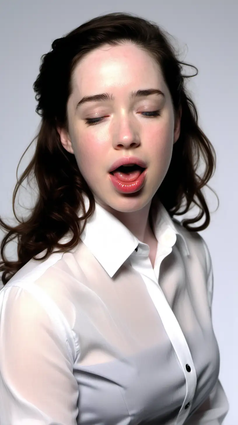 Closeup Portrait of Anna Popplewell in White Polyester Shirt and Gray Skirt with Eyes Closed