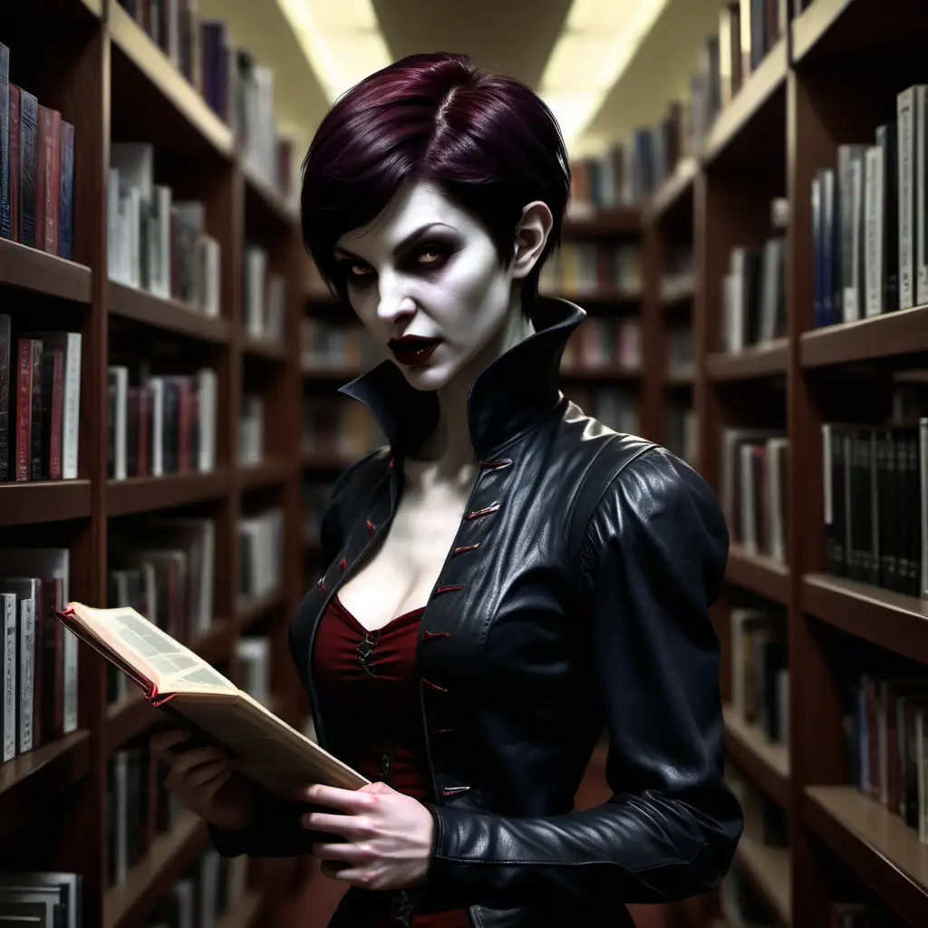 A female Tremere vampire Primogen, short hair, scouring through a library shelf, realistic