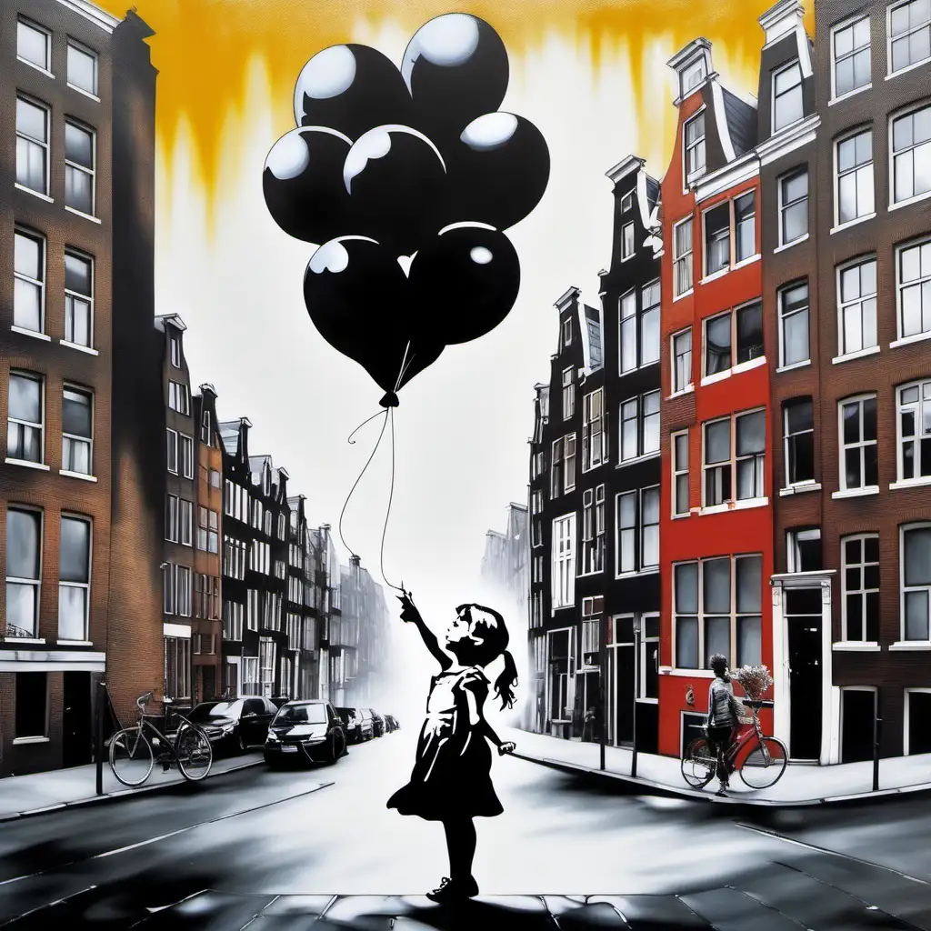 painting girl with balloon, style banksy with in the background the city of Amsterdam
