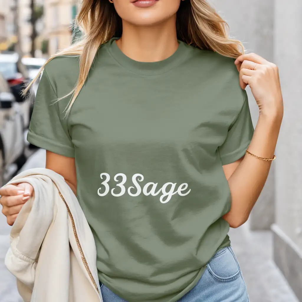 petite blonde woman wearing bella canvas 3001 sage oversized t-shirt mockup, with cream jacket and hat, clear stiches, street background