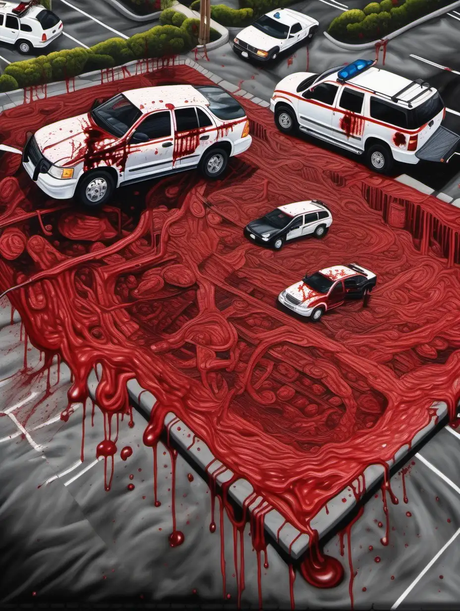 parking lot crime scene. painted on canvas. painting. painted in thick blood. very intricately and microscopically detailed. very intricately and microscopically detailed. 