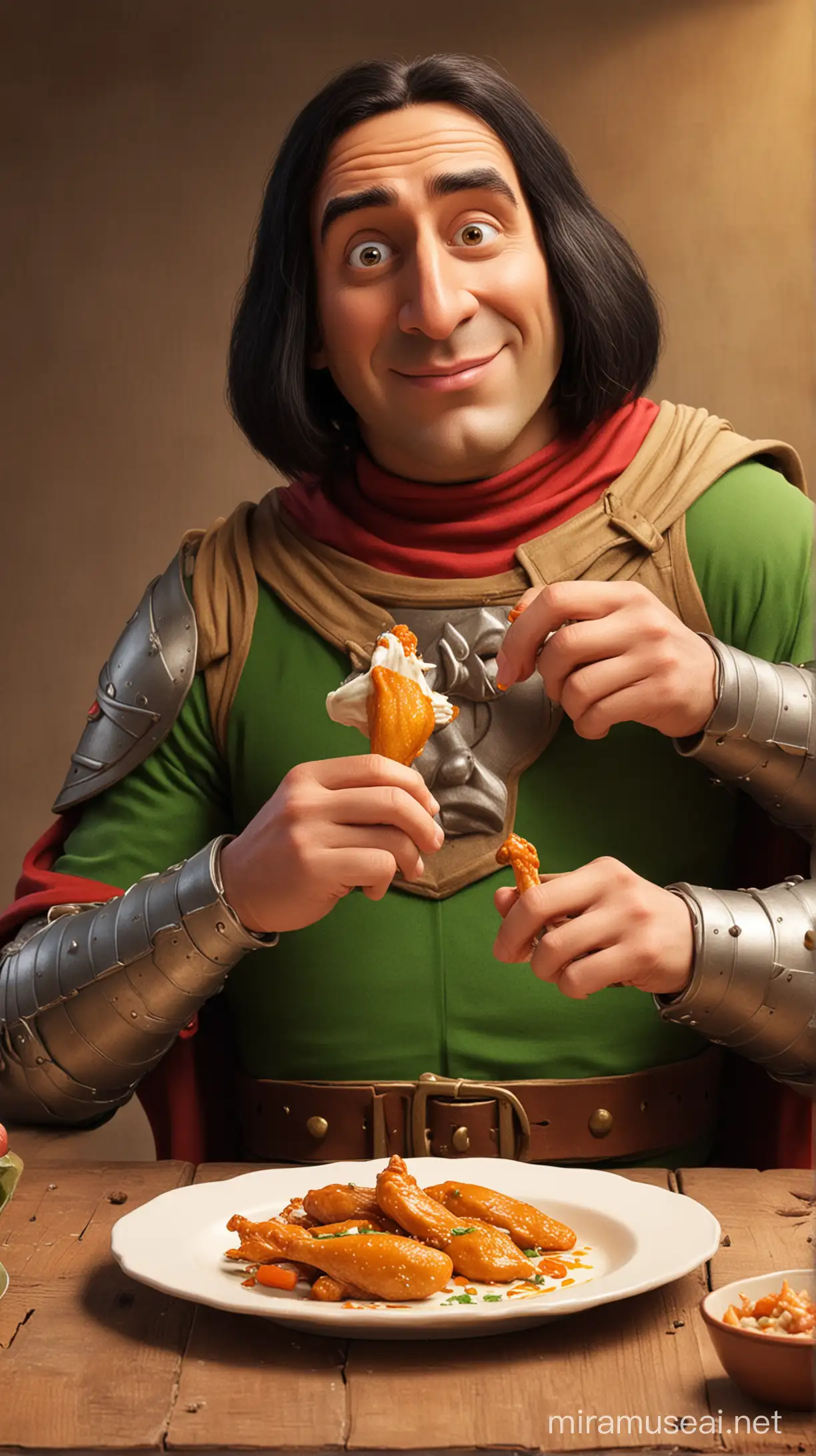 Lord farquaad eating chicken wings with mayonnaise
