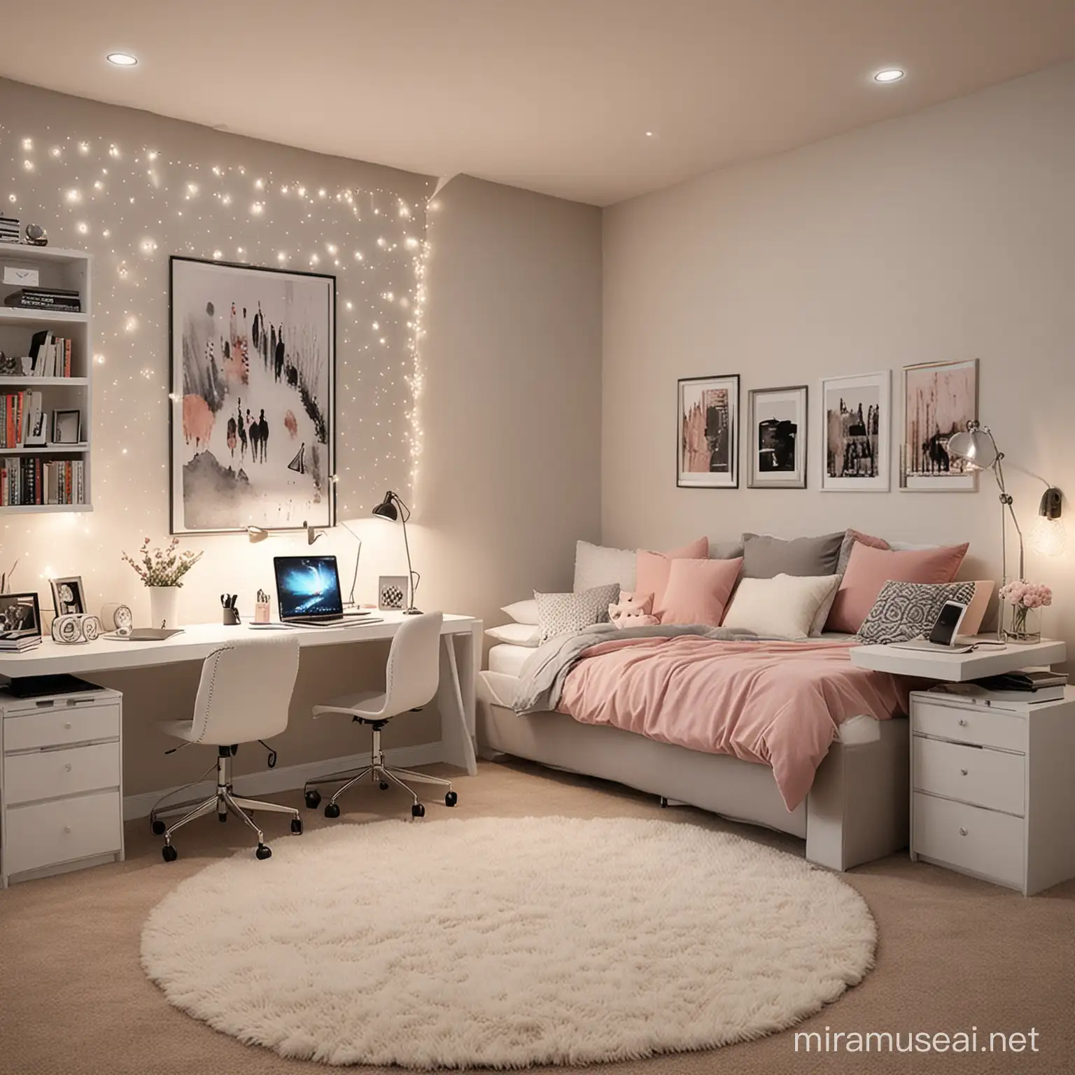 modern, elegant teen room, small lights, soft carpet, soft bed, desk with computer