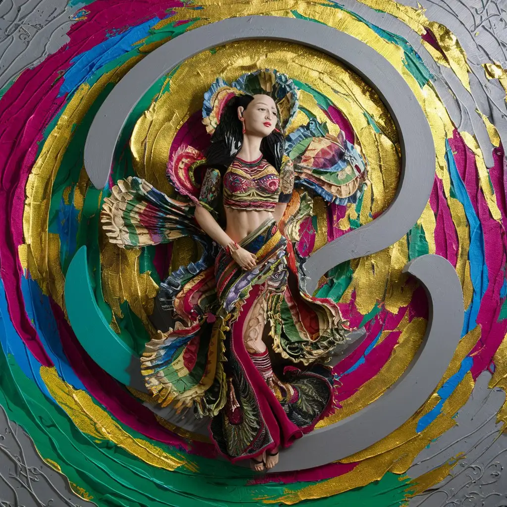 Create a textured painting of an ethnic Javanese woman centered in the midst of a creative abstract design. Apply patches of vibrant colors to create a balanced look. Use golds and grays. Let the 3-D effect be clearly seen.