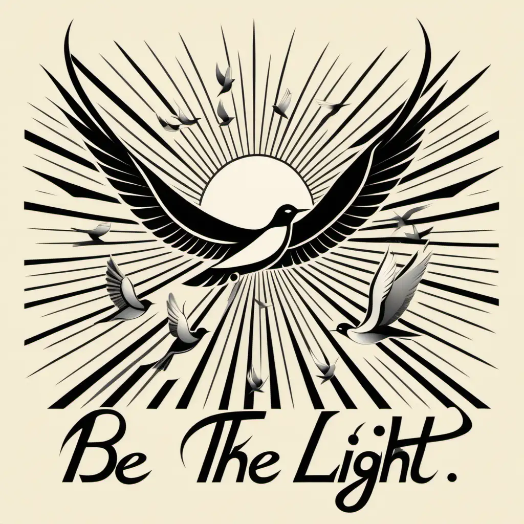 an elegant design inspired by Art Deco, infused with birds, sun beam with the words "Be the Light" in black and white cursive reminiscent of the roaring sixties. --v 4