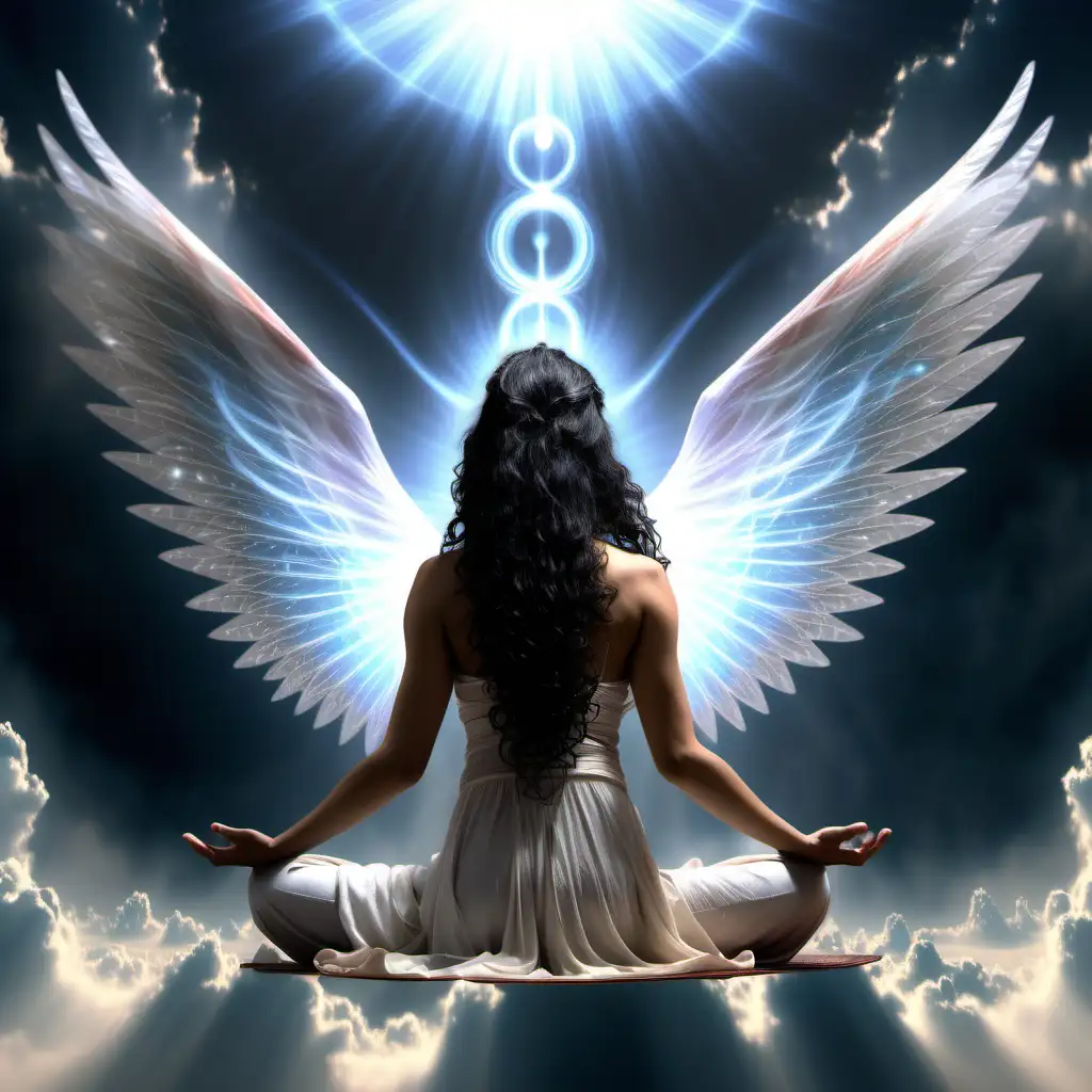 a fairy, godly costume, big wings, meditating in heaven, long open curly black hair, meditating, yogini, shot from backside, she is sitting in between energy realms, supernatural energy radiations emerging out of her, strong energy radiations around, ultra realistic skin texture and details, photorealistic