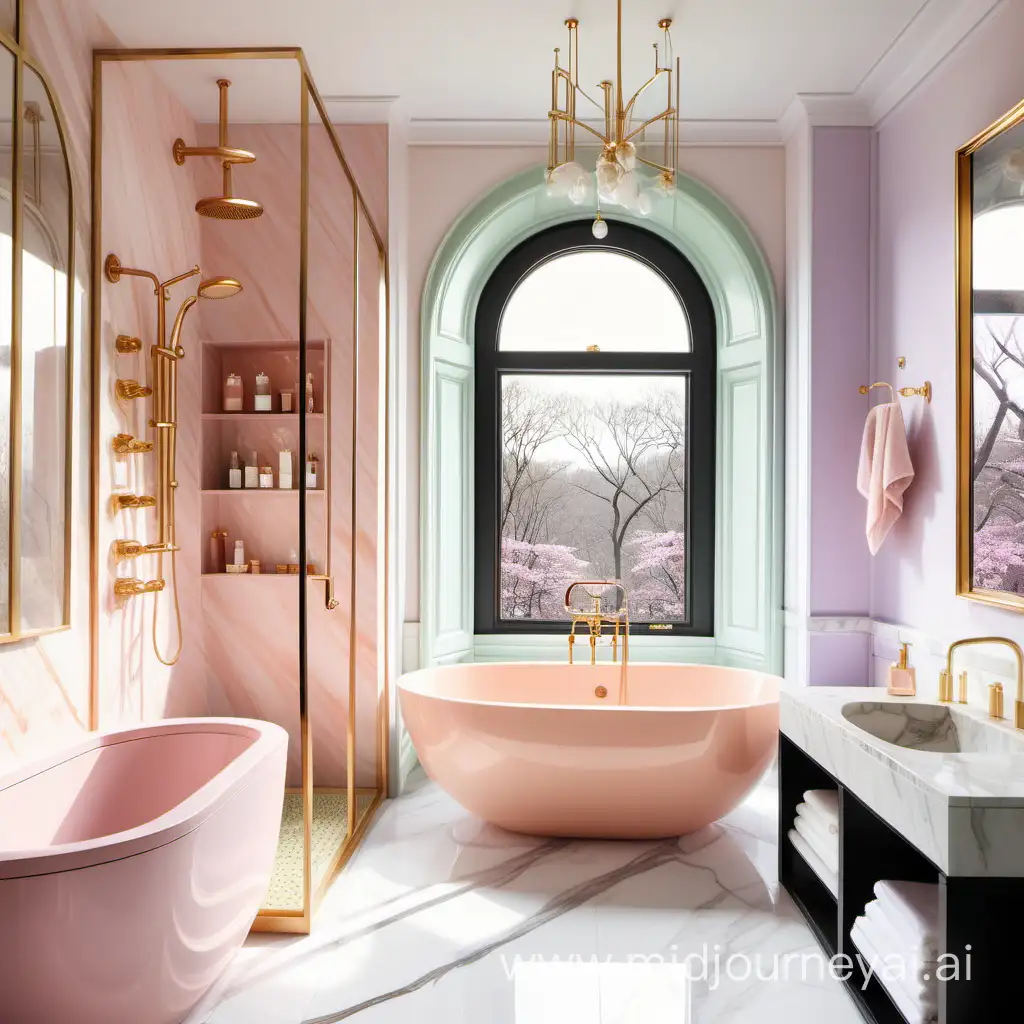 a luxury bathroom with marble and gold shower fixtures with design furniture in pastel colors, like Peach fuzz, soft Pink, Lavender, pastel green, with a nice natural light in the room. A huge window where you can look out over central park and it's spring outside
