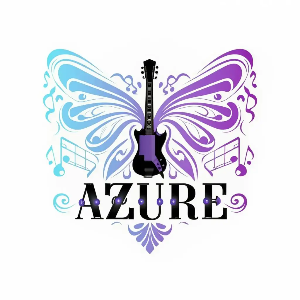 logo, Music rock guitar butterfly music color blue and purple with the text "Azure", typography, 