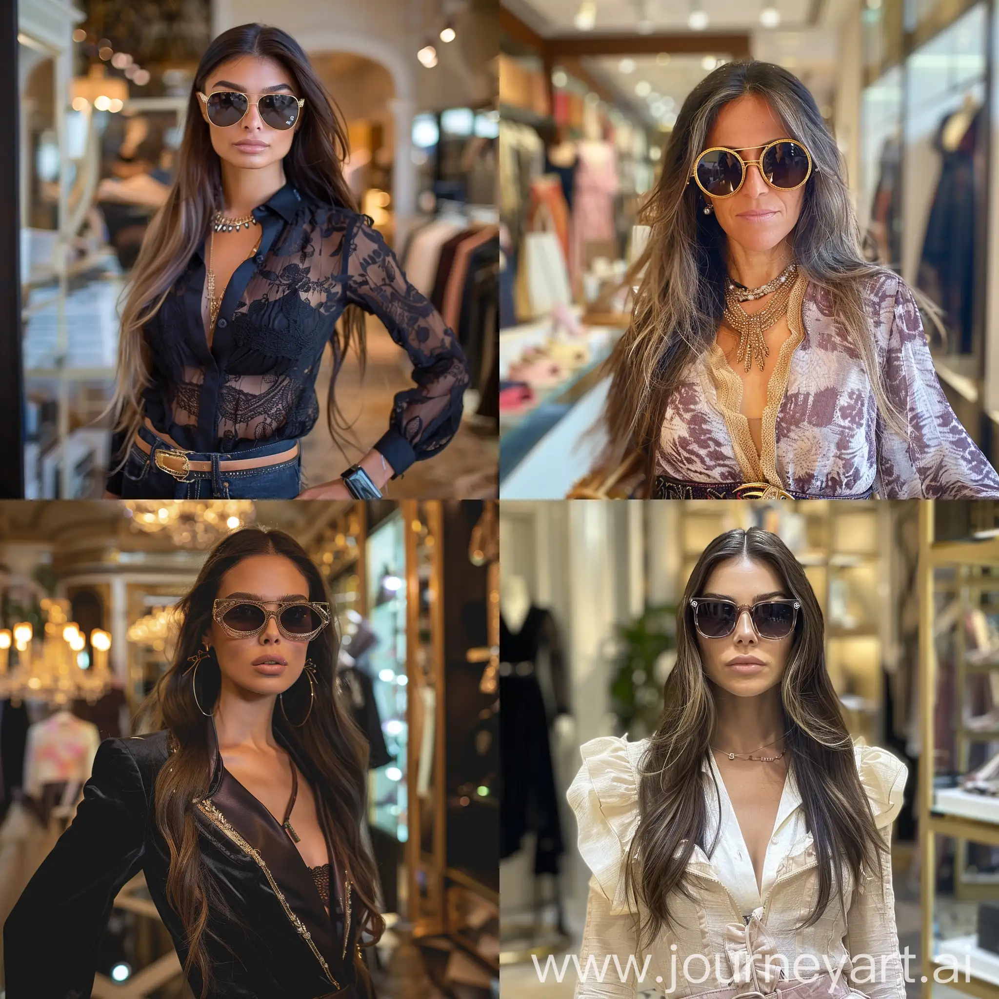 37 year old, very pretty female model, with long hair, olive skin tone, sunglasses, with high end clothes on, standing in a fashion boutique