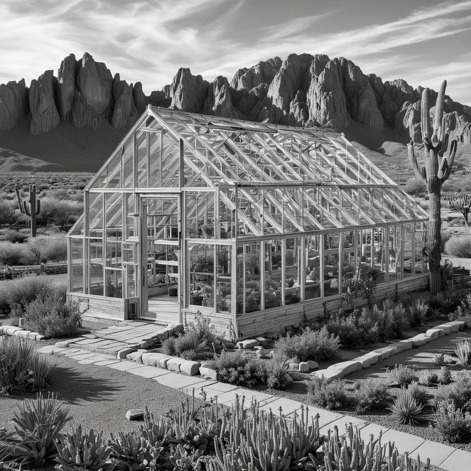 wooden greenhouse, exterior picture, location set in front of superstition mountain in apache junction az, black and white photo, greenhouse is 60 meters long and 10 meters wide, gable roof add more exterior local fauna scattered randomly

