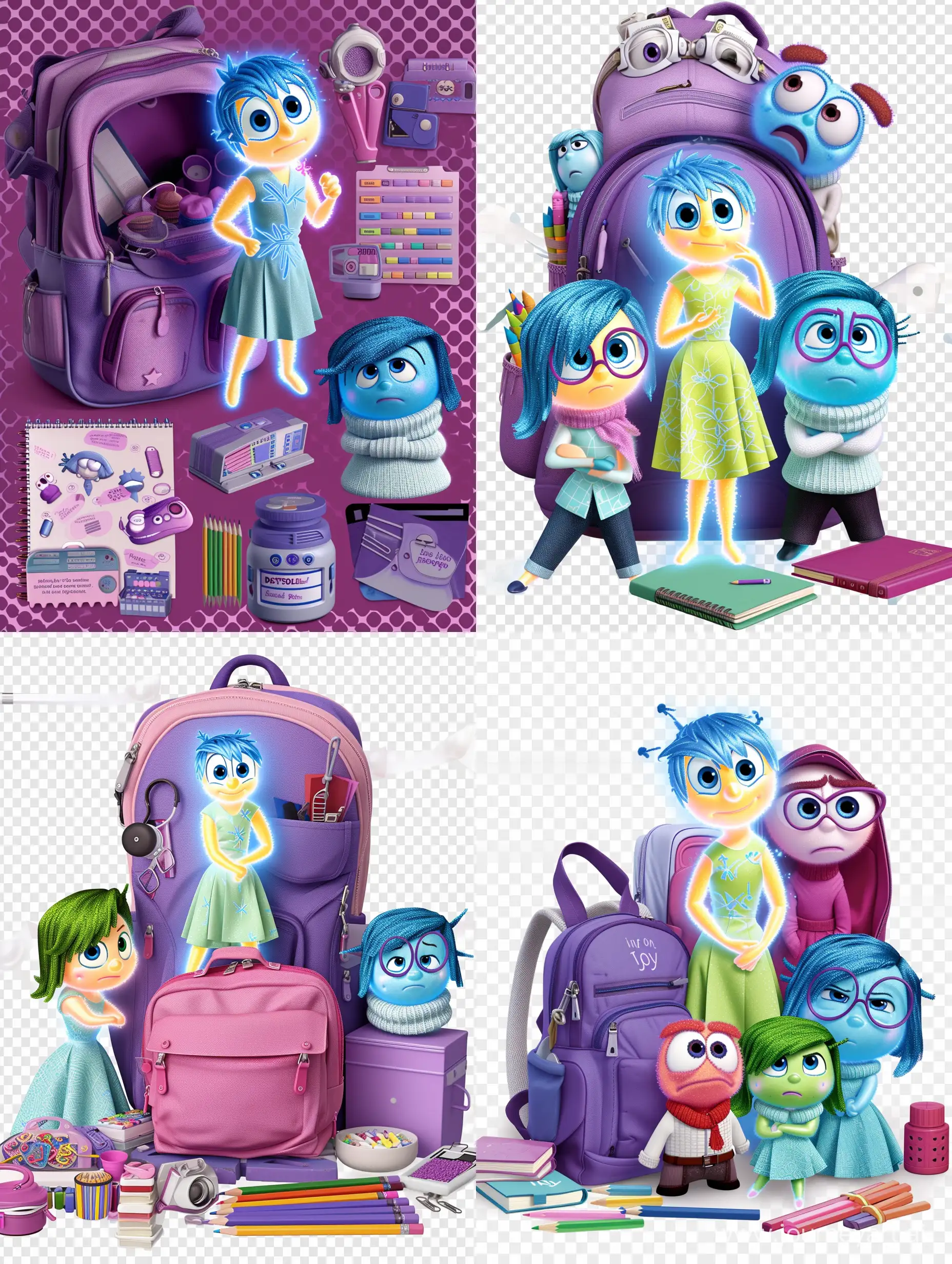 I would like to create an image with a transparent background with the characters Joy, Sadness, Fear, Disgust, and Anger from the film Inside Out with the back-to-school theme for me to apply to a girl's materials, so it must also contain the colors purple, pink in school materials such as backpacks, pencils, notebooks.
I also want it to not crop the image, all objects and characters have to be centered, without cropping them.