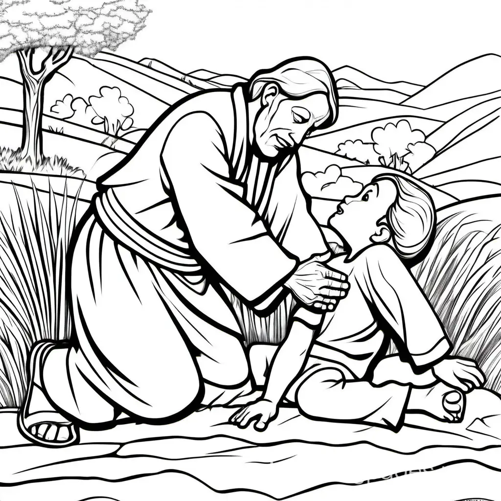 showing compassion by helping someone who has fallen down and is hurt, good samaritan, Coloring Page, black and white, line art, white background, Simplicity, Ample White Space. The background of the coloring page is plain white to make it easy for young children to color within the lines. The outlines of all the subjects are easy to distinguish, making it simple for kids to color without too much difficulty
