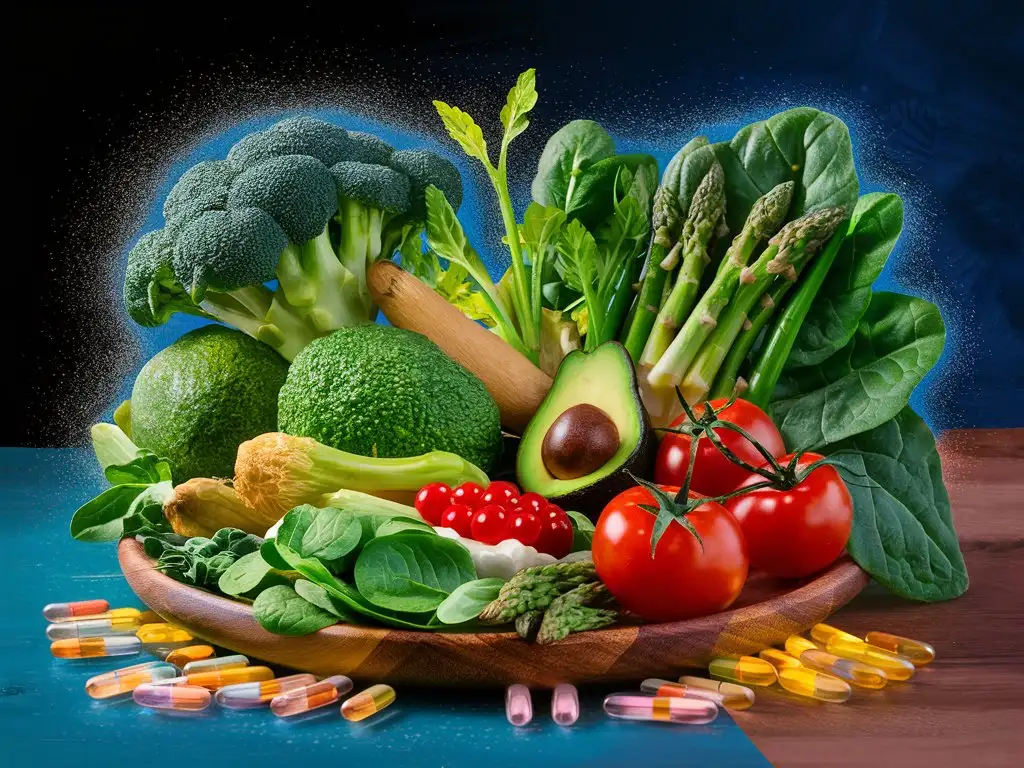 A vibrant image showcasing various food sources rich in glutathione precursors, such as broccoli, spinach, asparagus, avocados, and tomatoes. Include a few dietary supplements that can also boost glutathione levels. Use contrasting colors and creative compositions to make the image visually appealing.