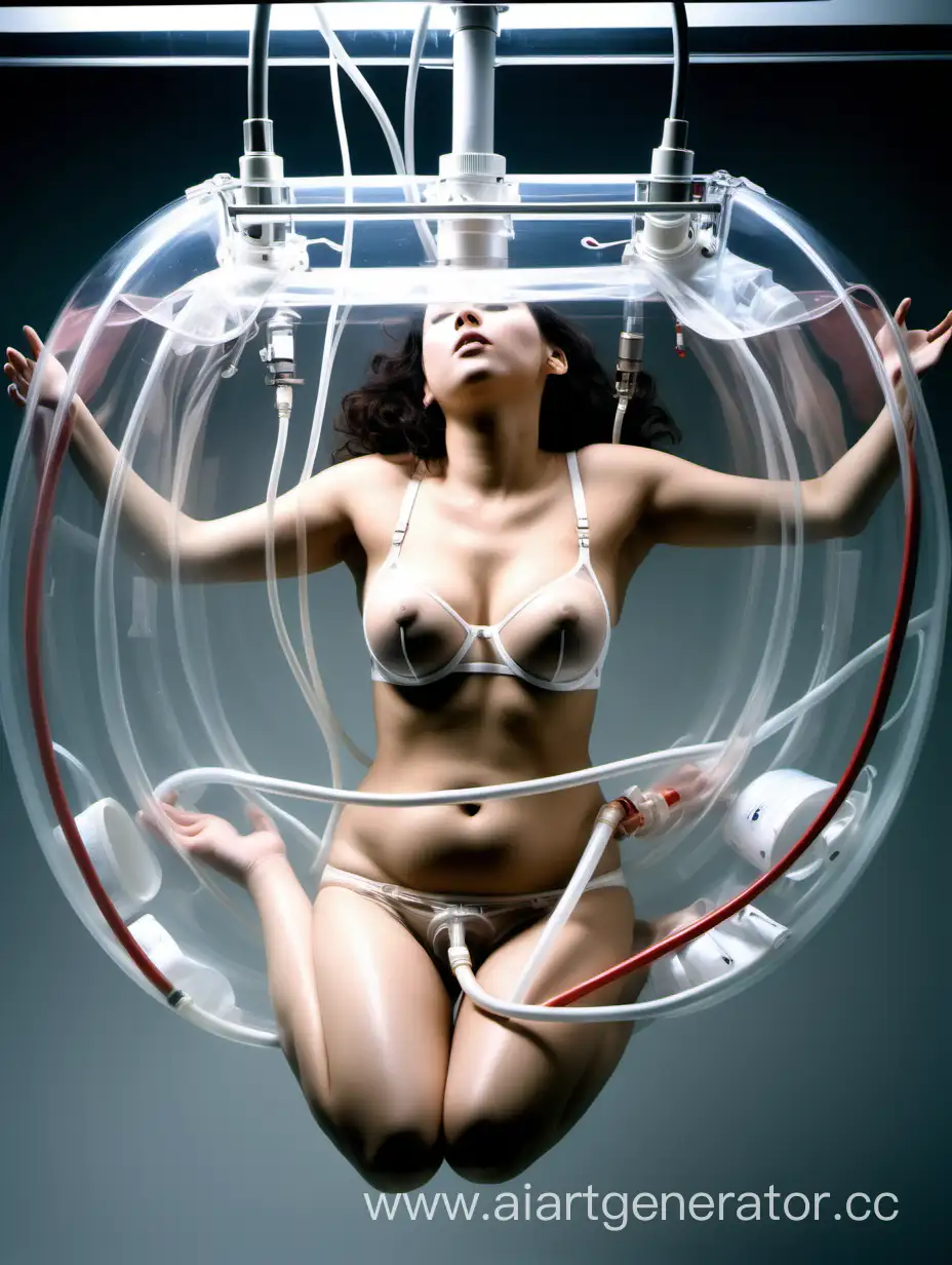A woman lies in suspended in fluid in a transparent tank. She is wearing an underwire bra that connects her to many sensors and wires to monitor her vital signs. Large tubes and hoses are plugged into her panties to drain fluids from her into collection bags. A large hose is connected to the front of her panties, snaking from between her legs.