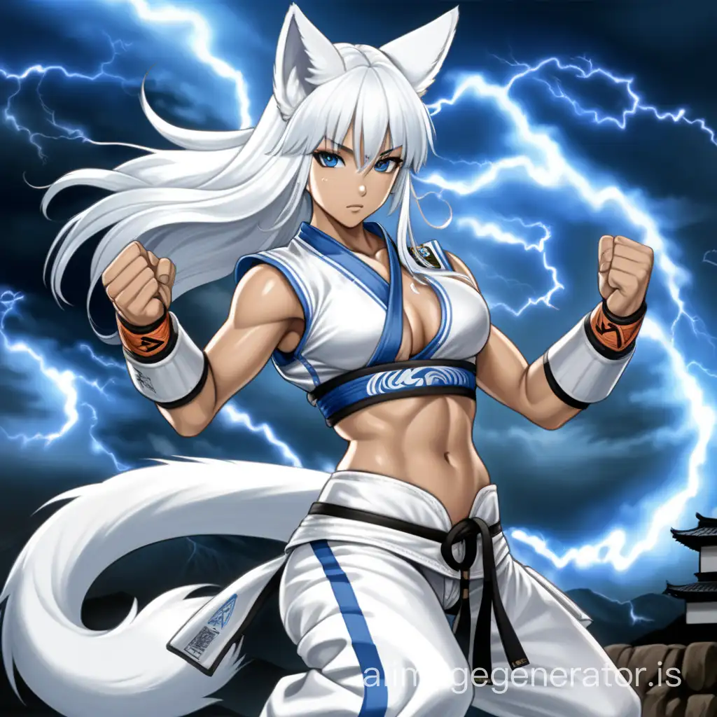 anime-style, full body, athletic, muscular, tan skin, adult, Asian woman, long white hair, white fox ears, white fox tail attached to her waist, fierce blue eyes, wearing a white and blue martial arts gi, white chestwrap, baggy white martial arts pants, dynamic, blue fistwraps, blue footwraps, using lightning magic, surrounded by lightning, Japanese castle, night, full moon
