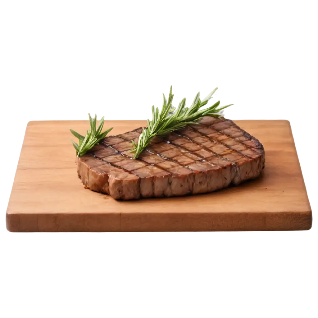 juicy fragrant hot steak with a sprig of rosemary lies on a long wooden countertop