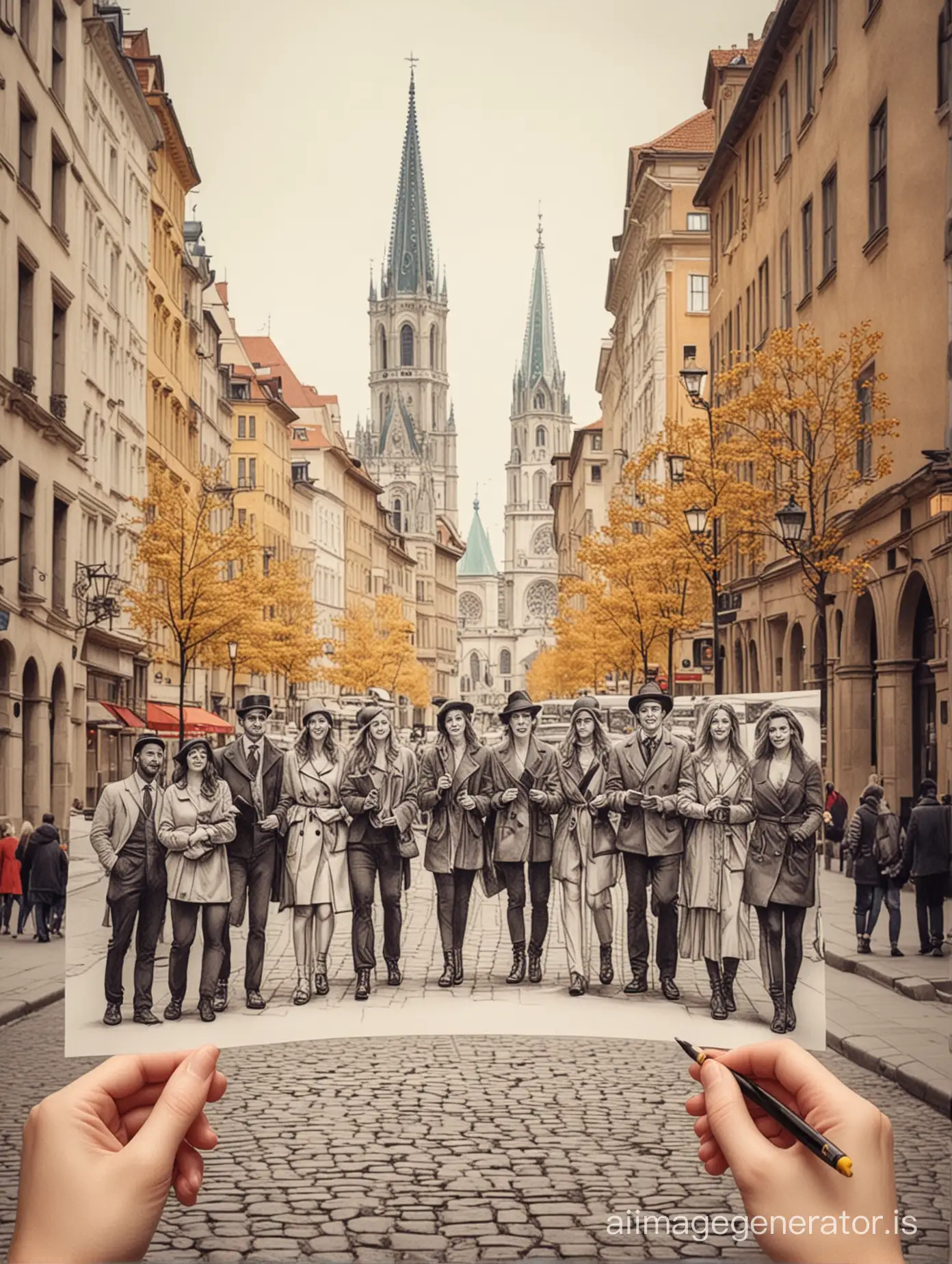 merry company in a beautiful city turn photo into drawing