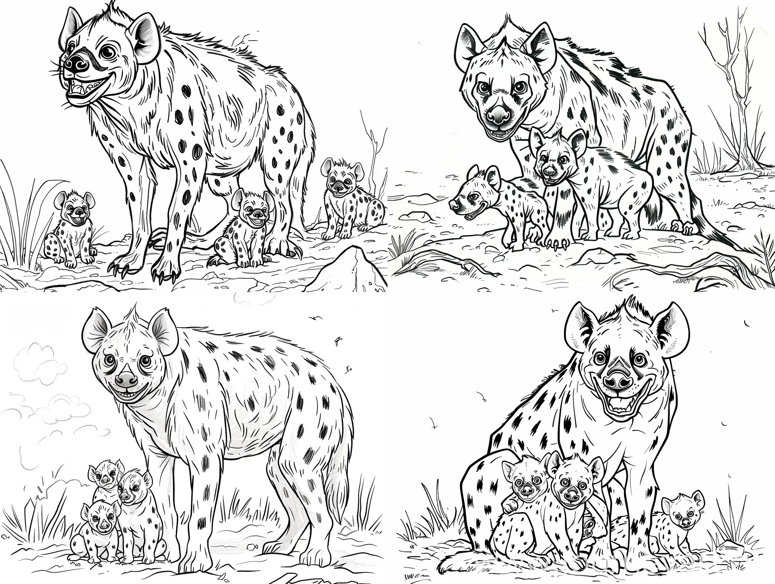 Hyena-Mother-with-Cubs-Wildlife-Coloring-Page