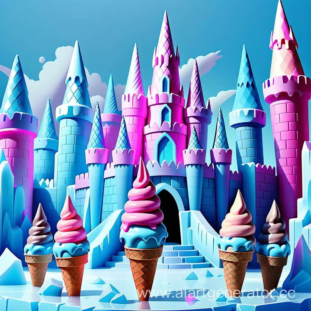 Фон ледяное королевство в сине розовых цветах и немного цвета хрома, много красивого мороженого в рожках и сам ледяной замок