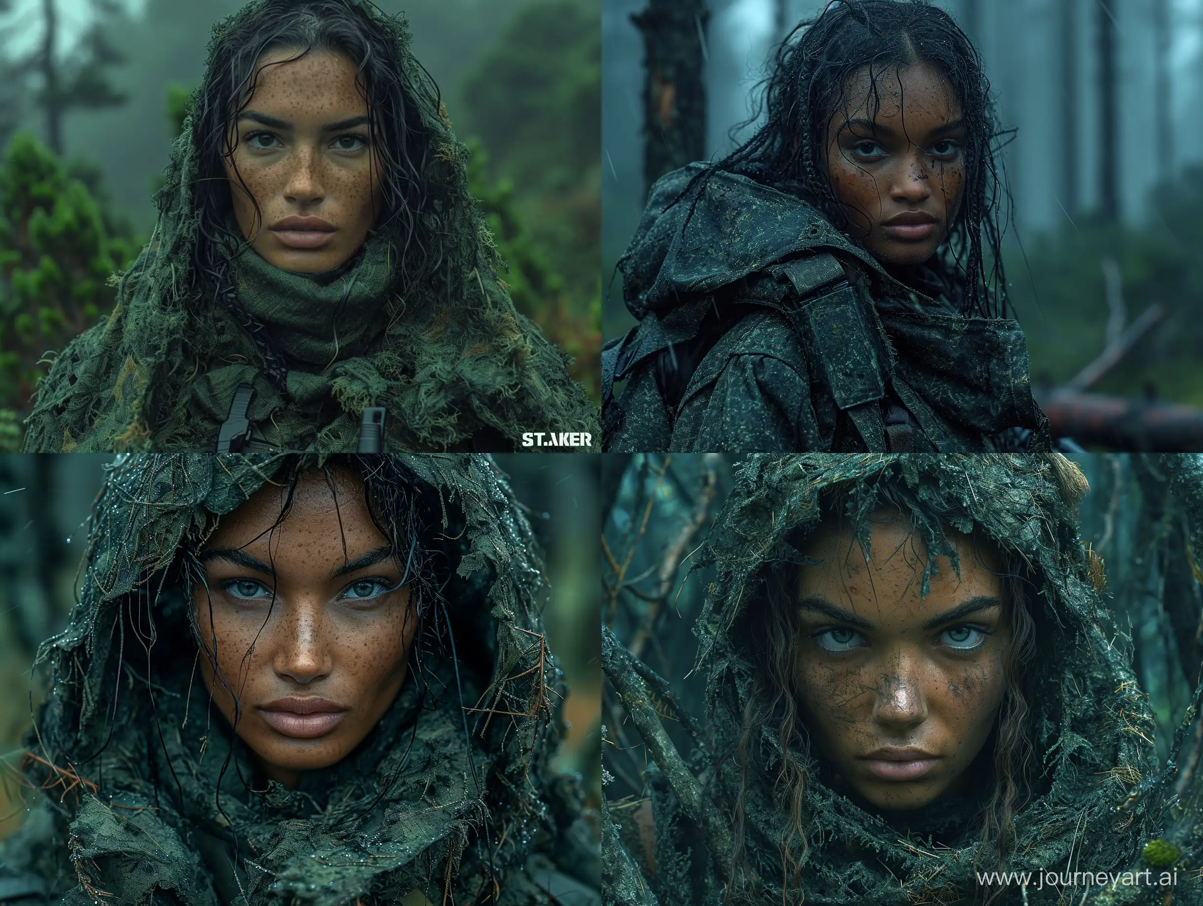 beautiful mulatto female mercenary S.T.A.L.K.E.R Mercenaries faction in dark green ghillie suit dead trees dark forest --s 700 --style raw --v 6