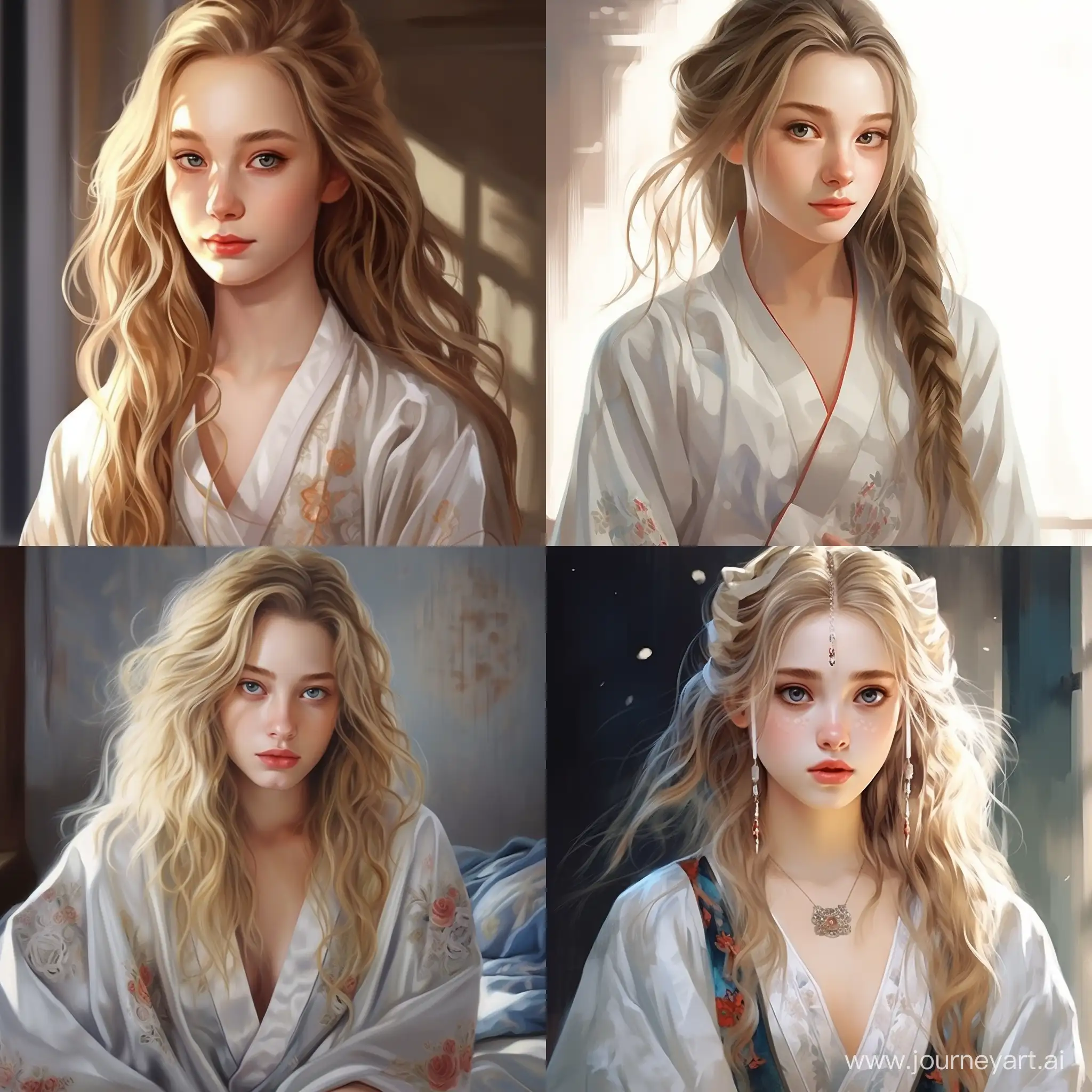 Beautiful girl, straight golden hair, gray-blue eyes, snow-white skin, teenager, summer, in traditional Chinese robes, cute, cozy, high quality, high detail, cartoon art
