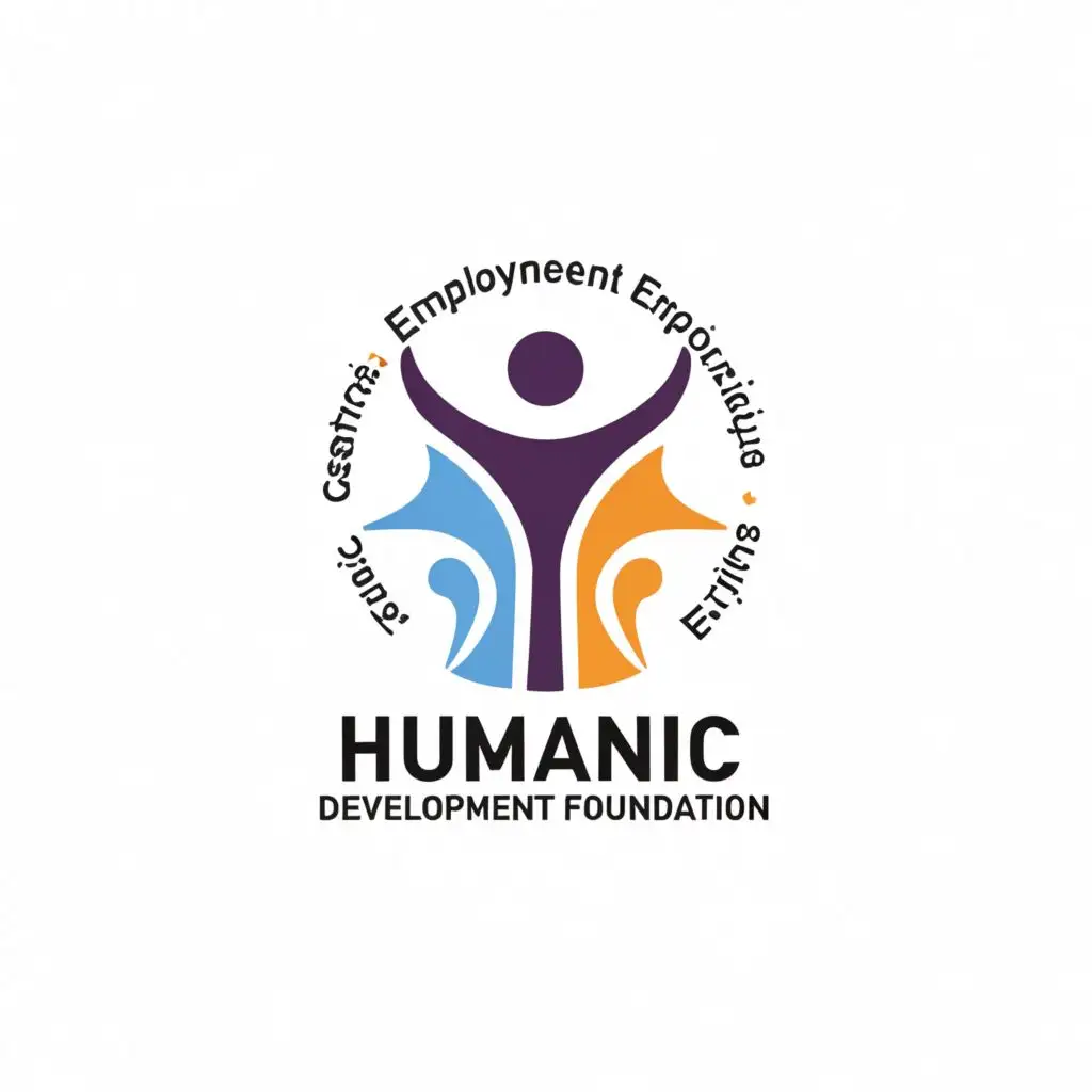 a logo design,with the text "HUMANIC DEVELOPMENT FOUNDATION", main symbol:SOCIAL WORK, JUSTICE, EMPOWERMENT, EMPLOYMENT, EXPORT,,Moderate,clear background