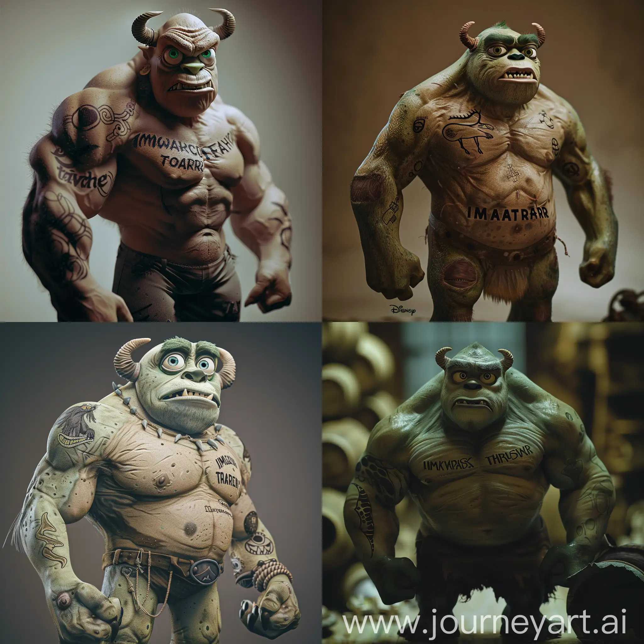 Gigachad with face of Mike Wazowski from Monsters, Inc. He is very muscular, and has a tattoo that says 'impala trader' on his left arm.