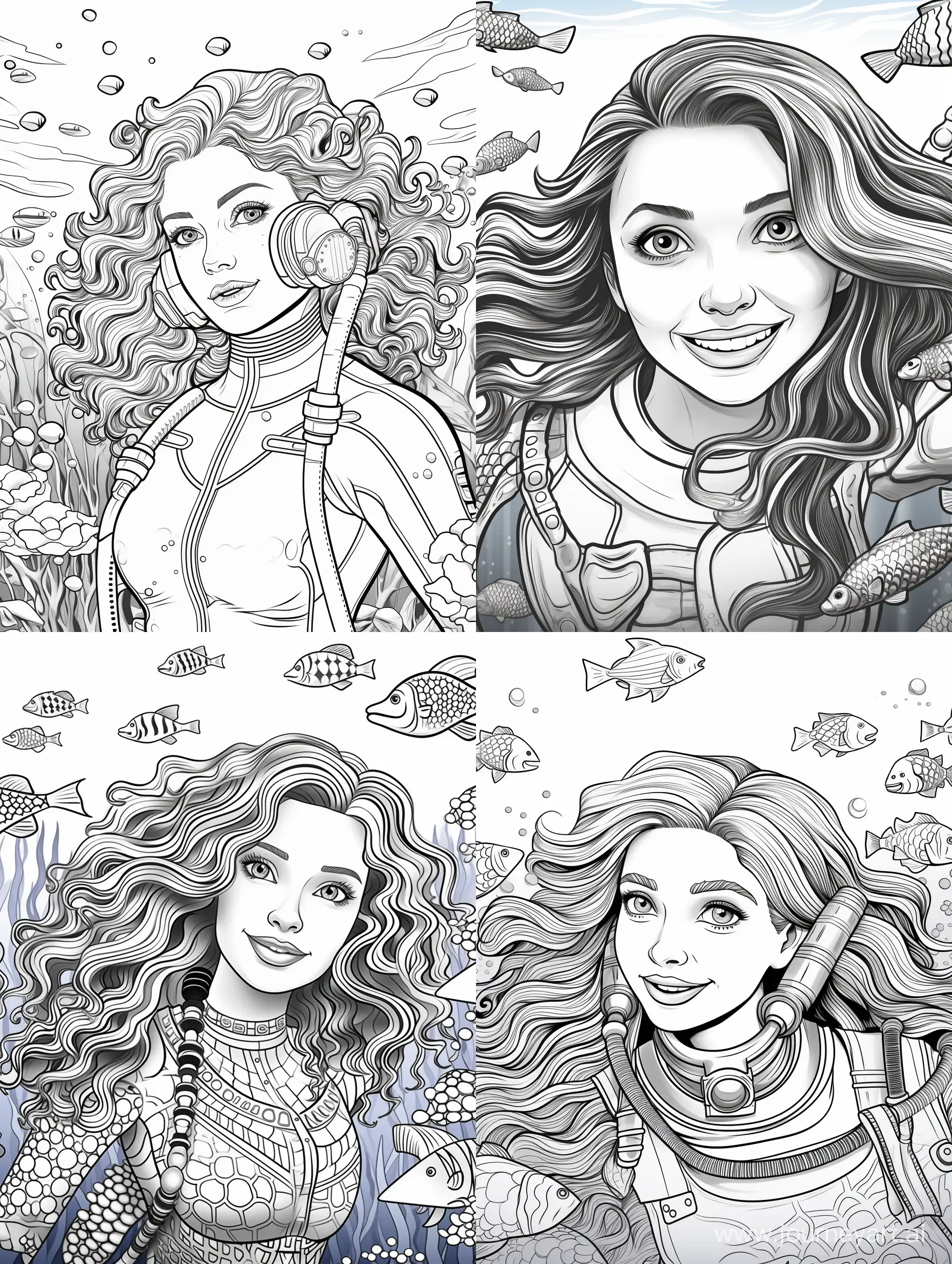 Coloring page for adults, cartoon style, one thin girl long flat hair, one curvy girl medium curly hair, happy, scuba diving, seabed, much detail