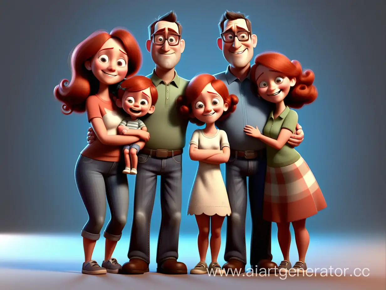 3d pixar счастливая семья стоит в полный рост и приобнимается смотря в камеру
