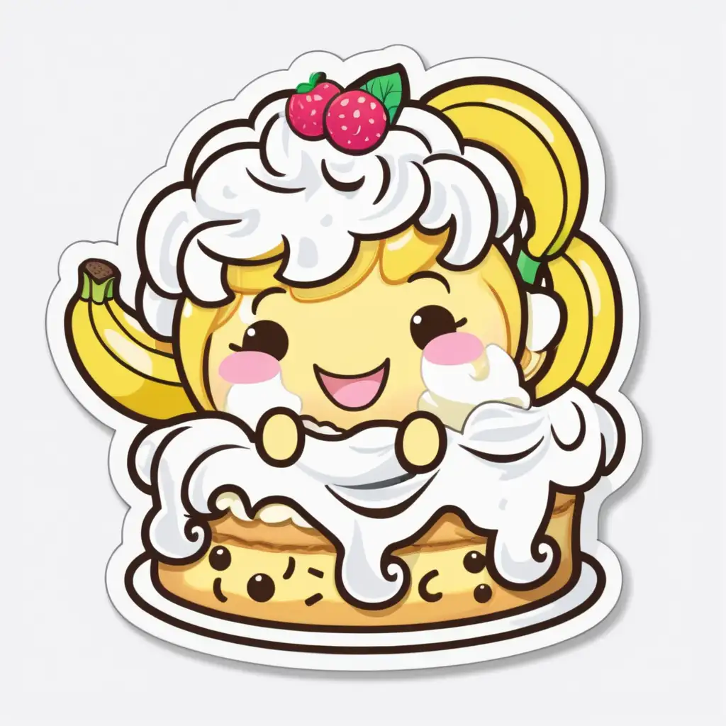 Sticker, Laughing KAWAII banana shortcake with Whipped Cream Hair, food illustration, mixed 
styles, contour, vector, white background