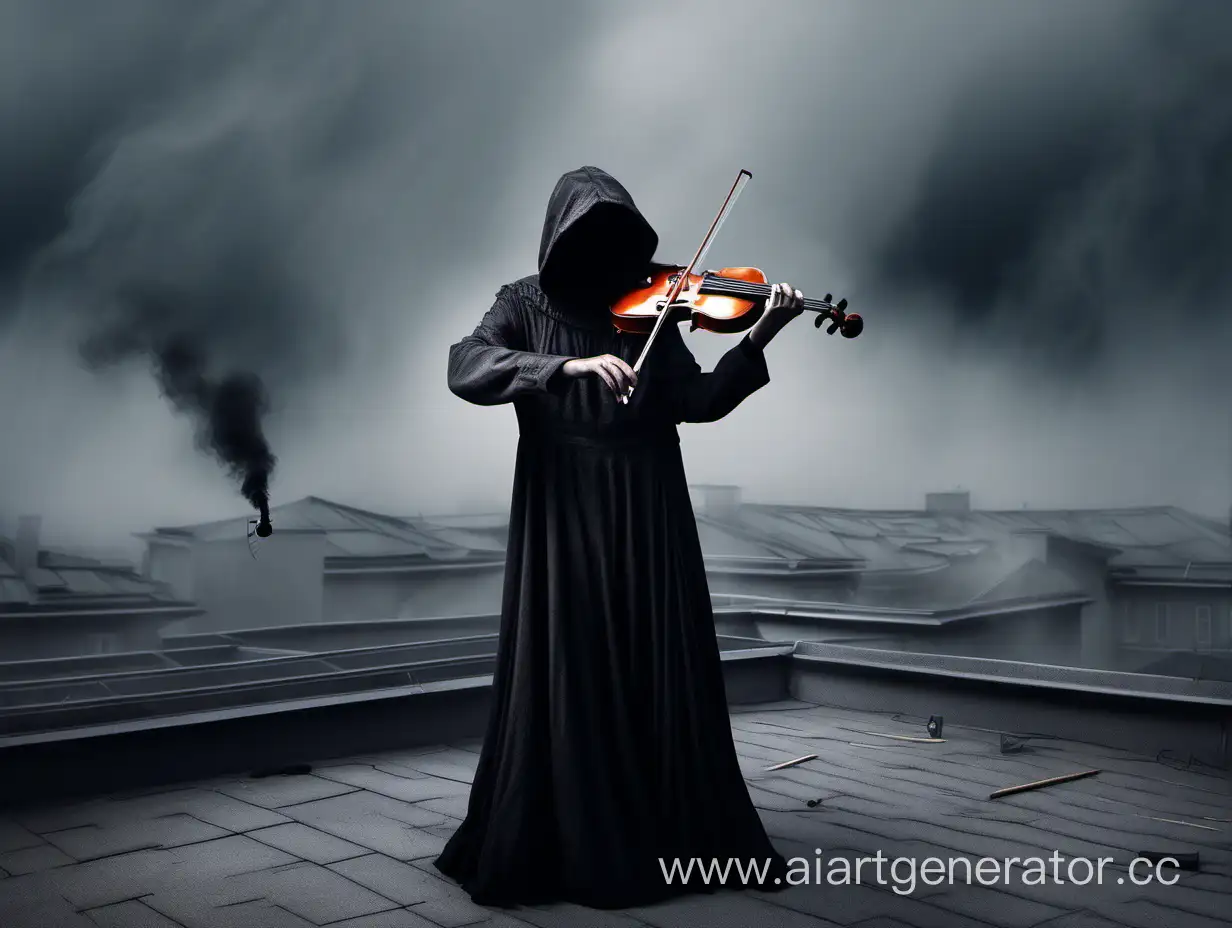 Безмолвная симфония, человек в виде темной фигуры держит скрипку, серая атмосфера, на крыше, идет дым от сигареты 
